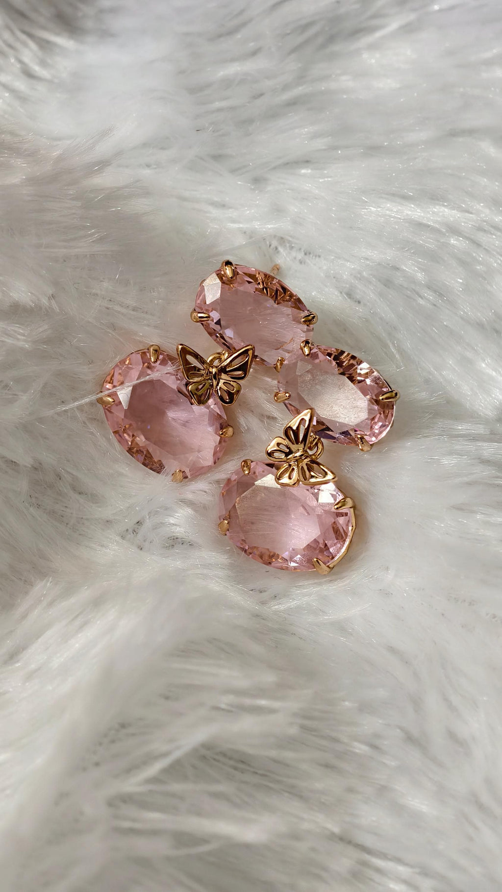 18k Gold Plated Pink Butterfly Oval Drop Earrings, Morganite-Style Glass Jewelry