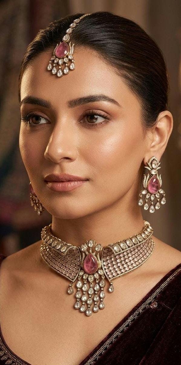 Designer Pink Kundan Necklace Set with Maang Tikka, Earrings | Bridal Choker | Polki Jewellery