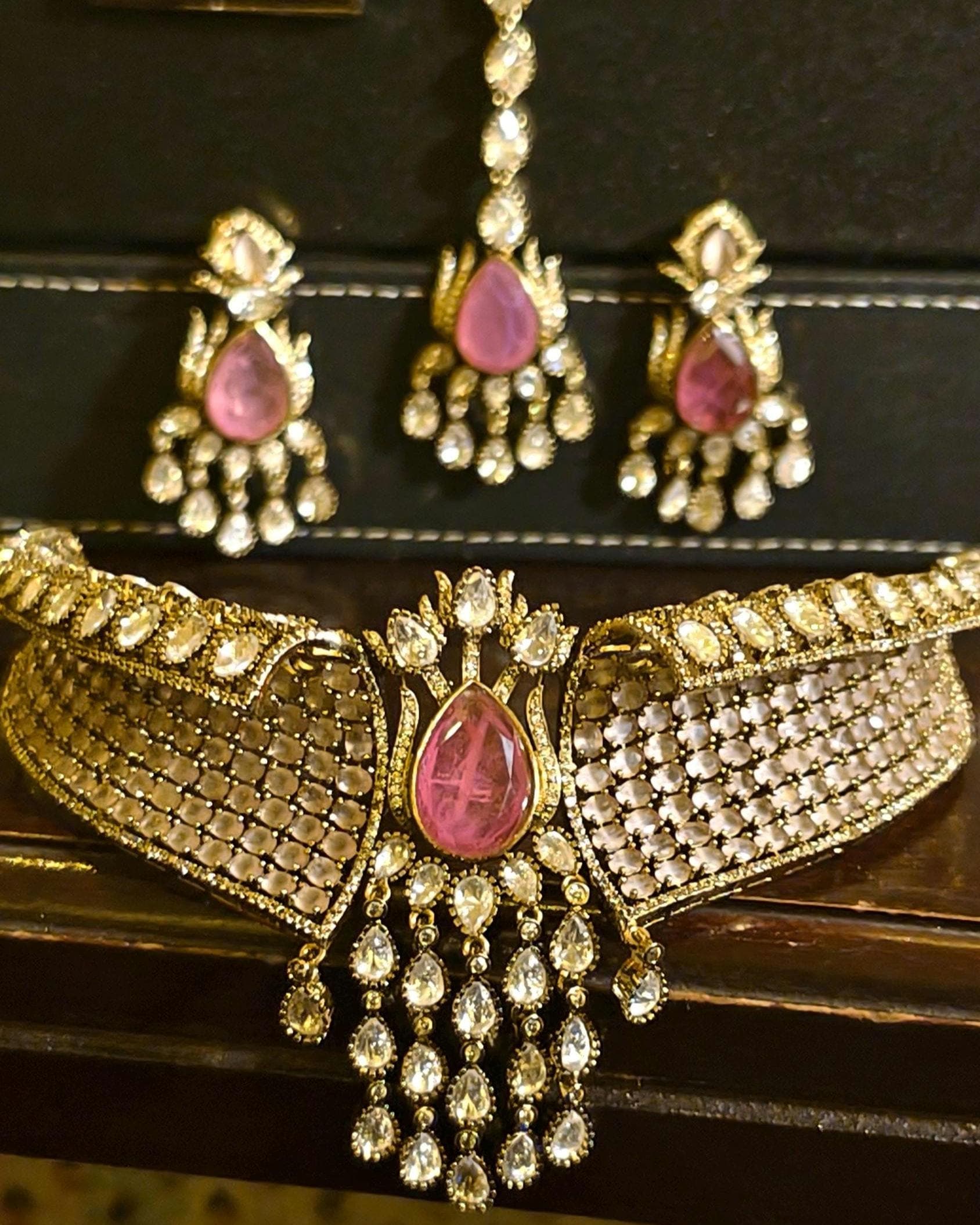 Designer Pink Kundan Necklace Set with Maang Tikka, Earrings | Bridal Choker | Polki Jewellery