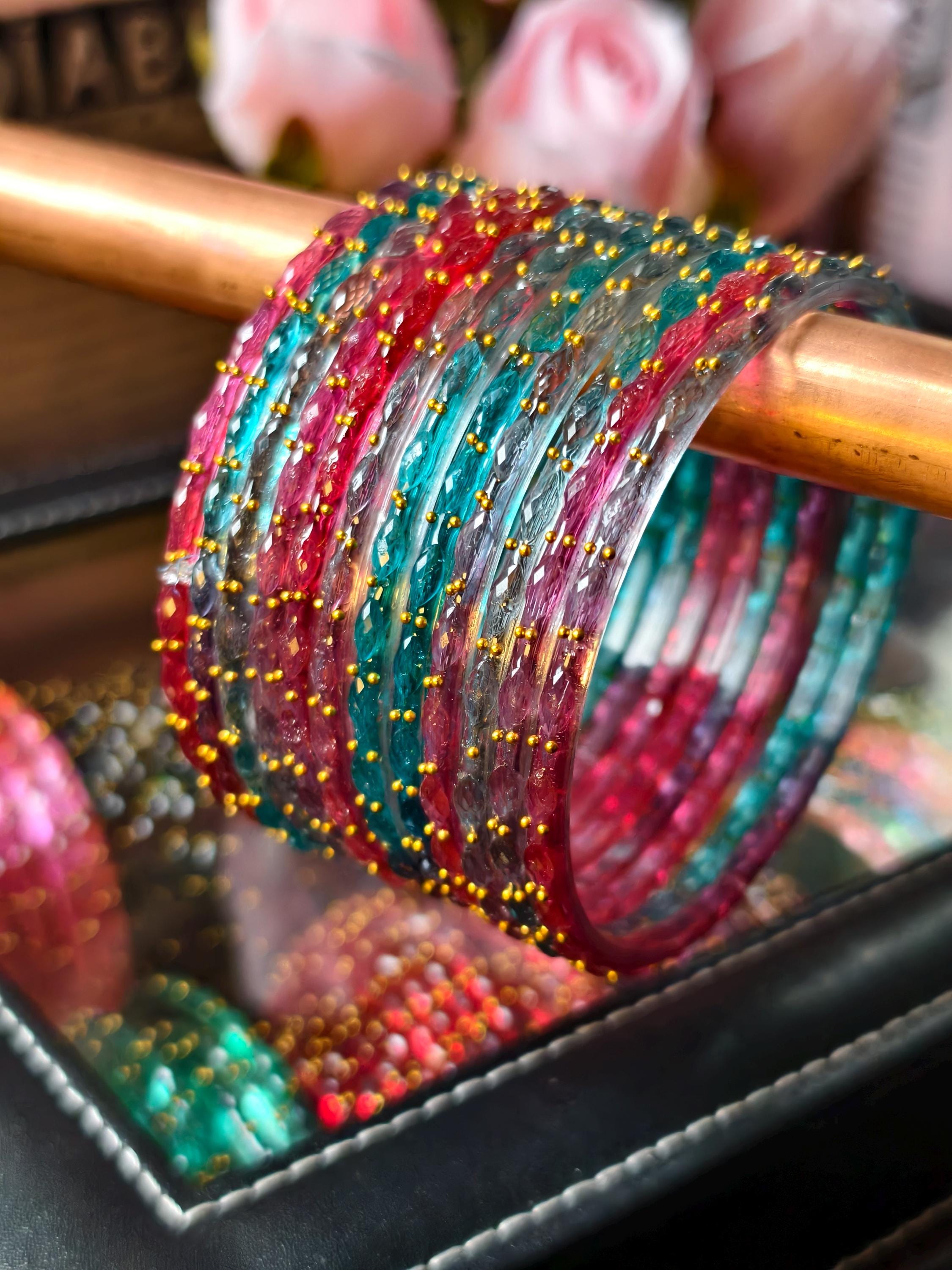 Kashmiri Ghungroo Bangles, Colorful Glass, Raindrop, Jelly Stackable Bracelets (Set of 10-12)