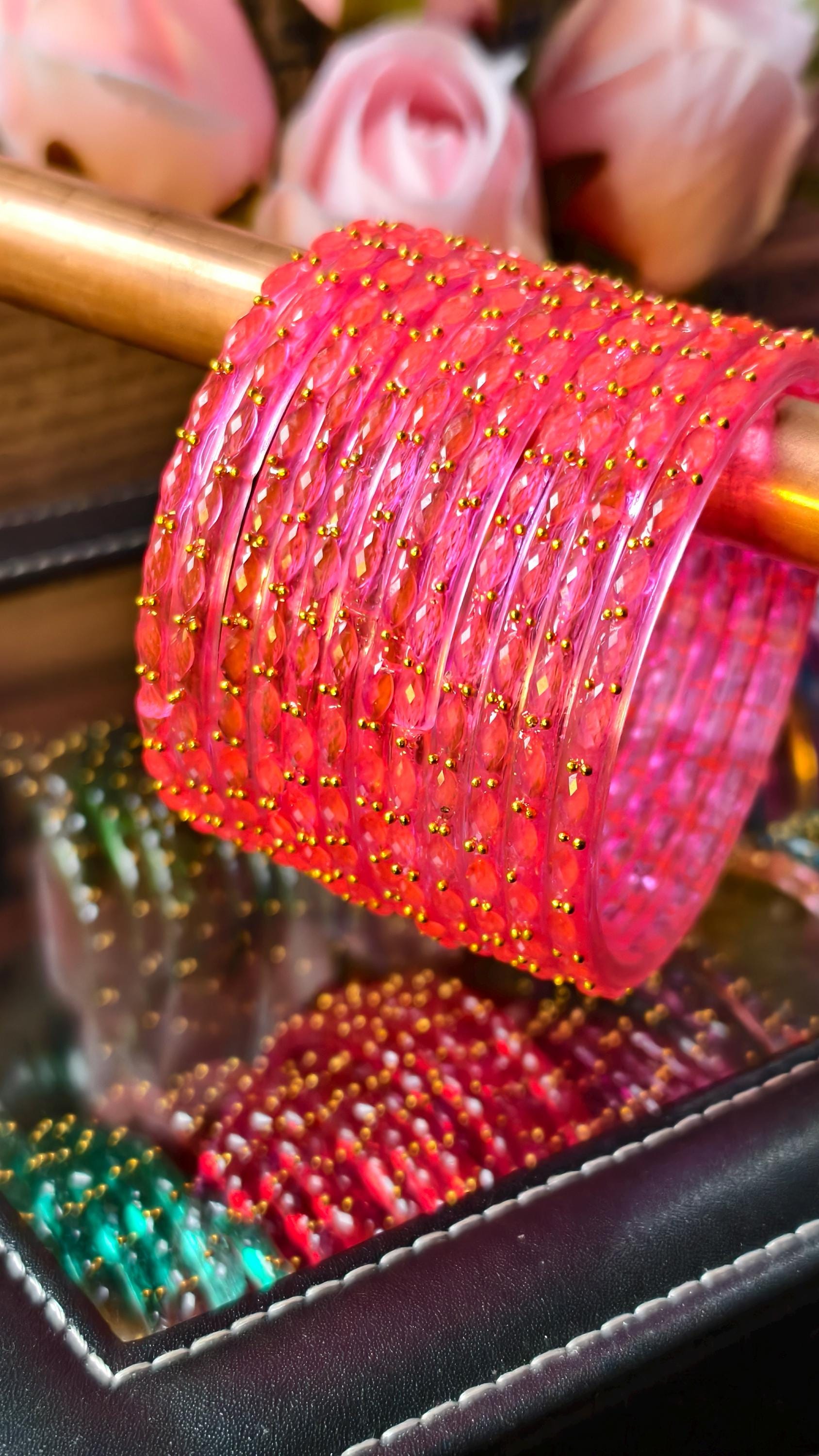 Kashmiri Ghungroo Bangles, Colorful Glass, Raindrop, Jelly Stackable Bracelets (Set of 10-12)