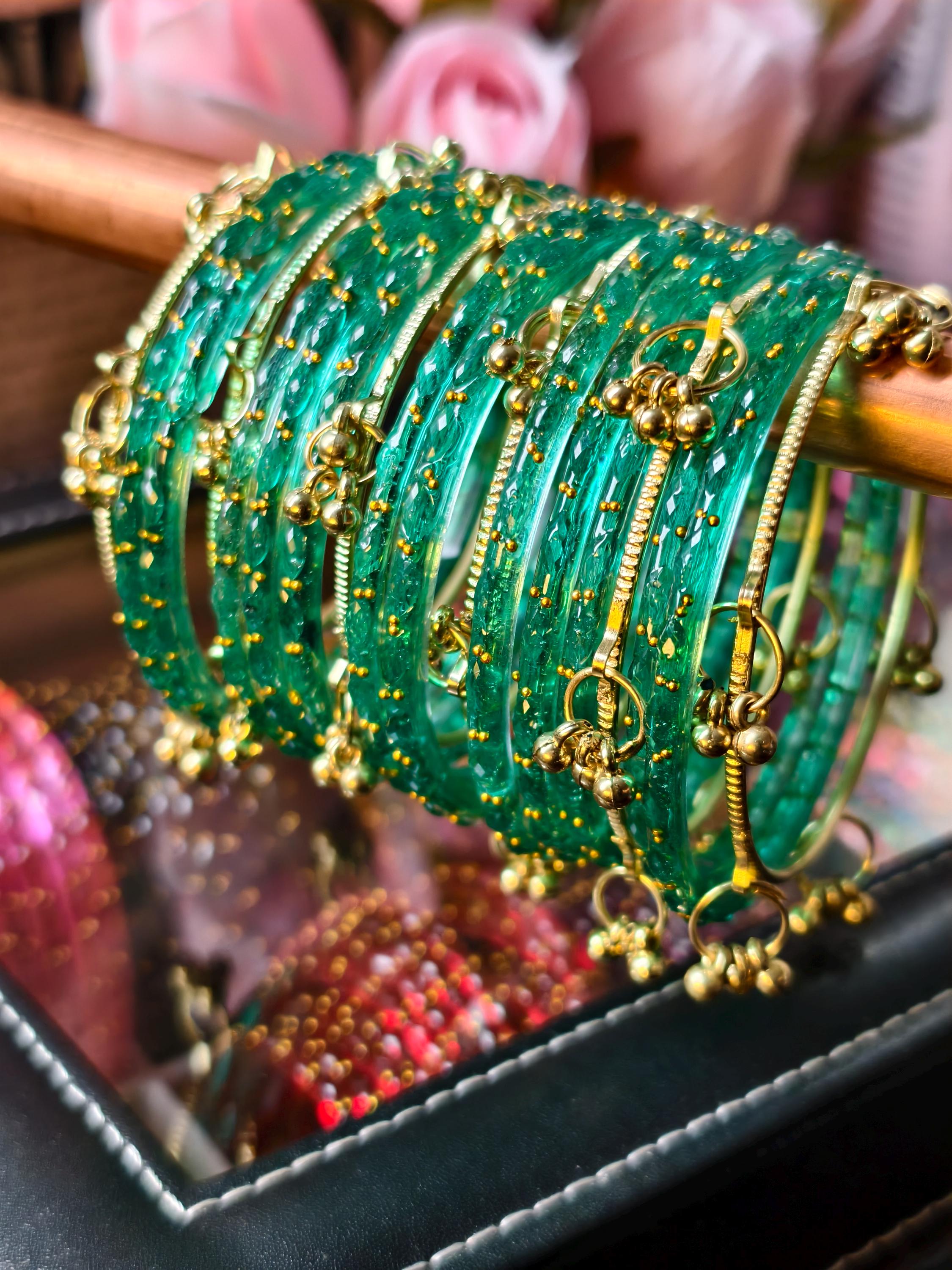 Kashmiri Ghungroo Bangles, Colorful Glass, Raindrop, Jelly Stackable Bracelets (Set of 10-12)
