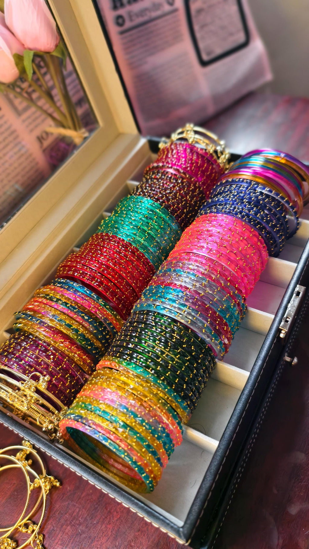 Kashmiri Ghungroo Bangles, Colorful Glass, Raindrop, Jelly Stackable Bracelets (Set of 10-12)