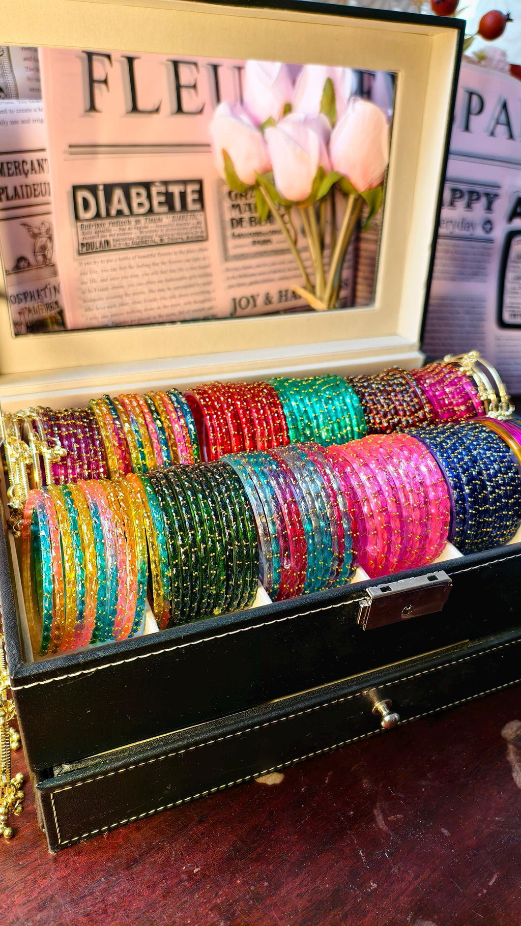 Kashmiri Ghungroo Bangles, Colorful Glass, Raindrop, Jelly Stackable Bracelets (Set of 10-12)