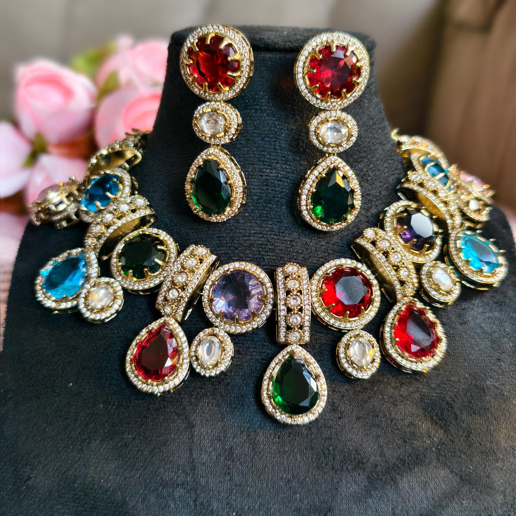 Sabyasachi Inspired Multi-Color Kundan Choker Necklace Set | Polki Bridal Jewelry