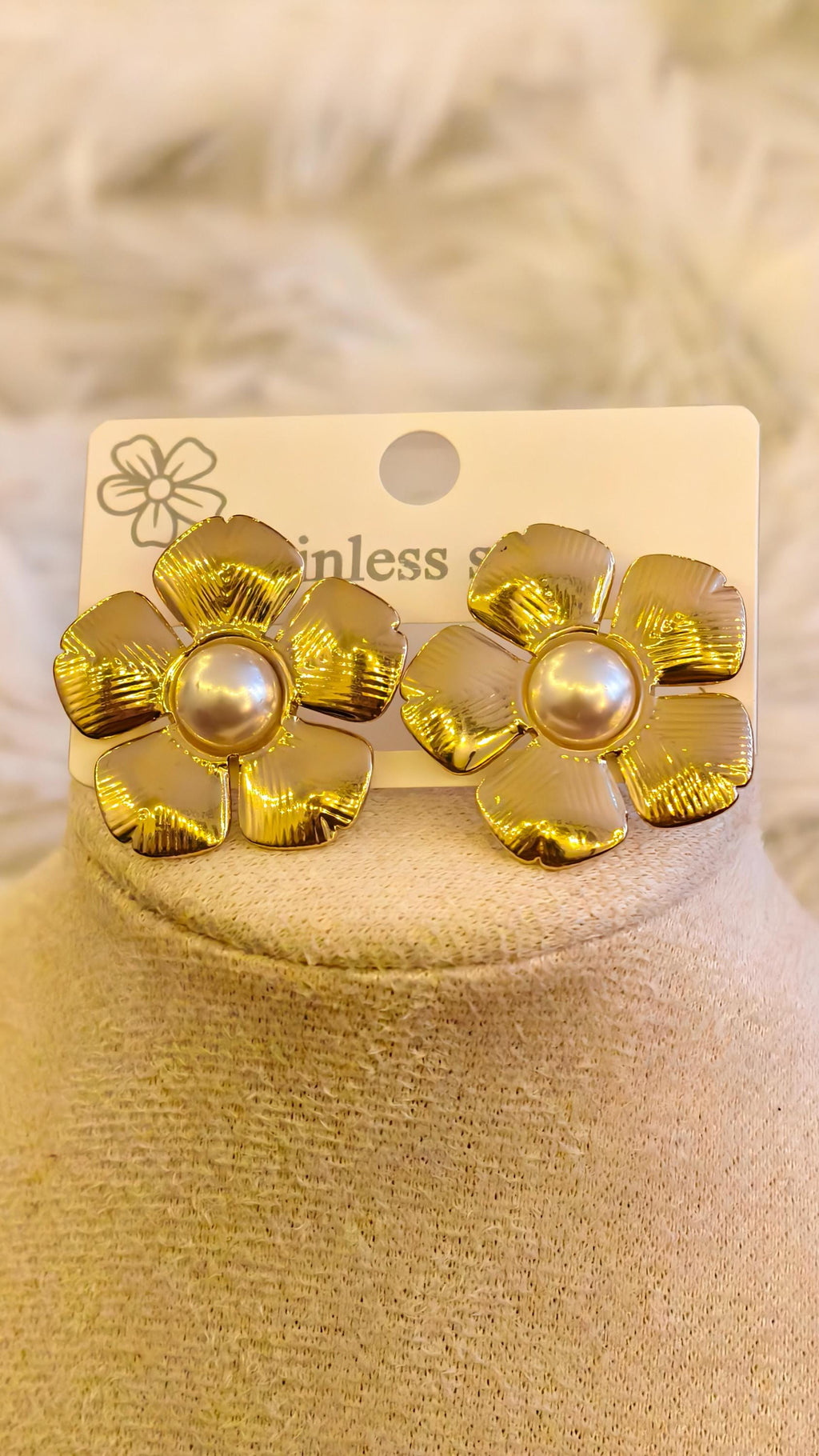Gold Flower Pearl Earrings Set, Textured Stainless Steel Statement Hoops