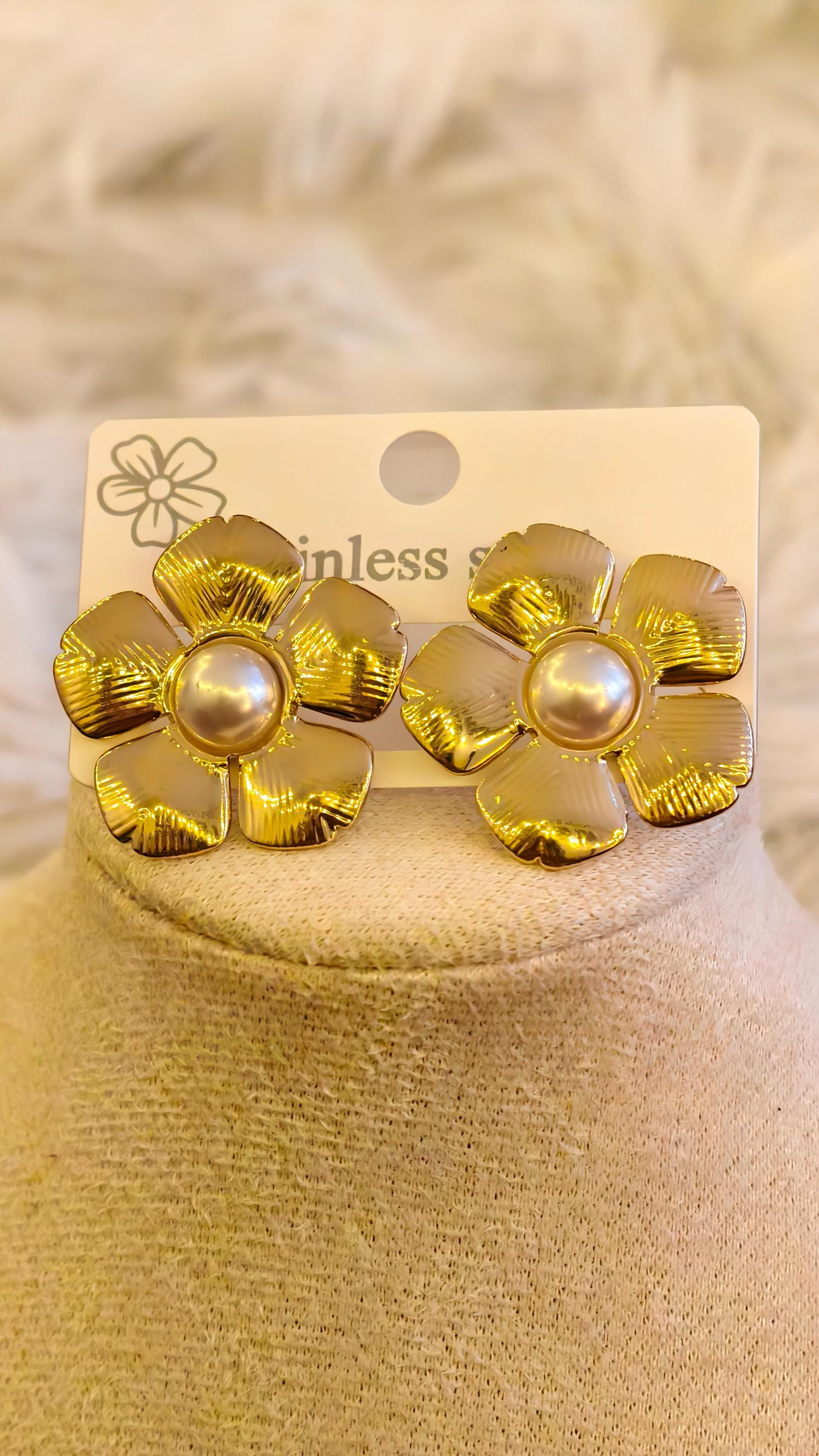 Gold Flower Pearl Earrings Set, Textured Stainless Steel Statement Hoops