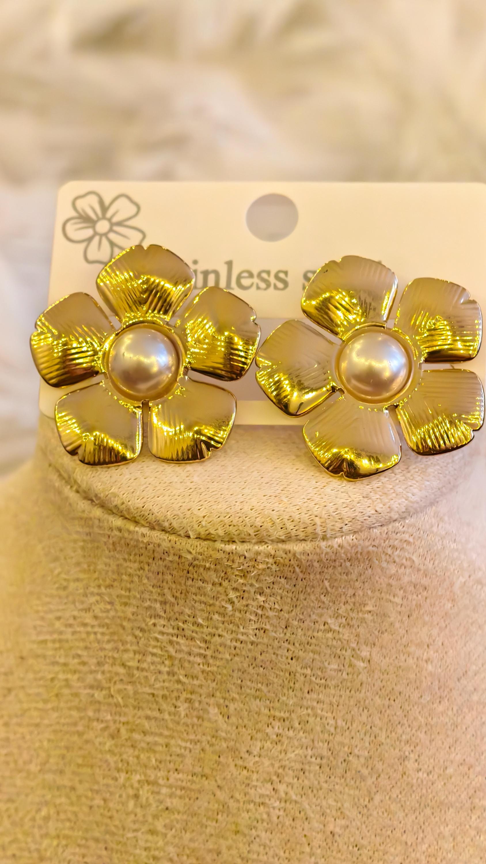 Gold Flower Pearl Earrings Set, Textured Stainless Steel Statement Hoops