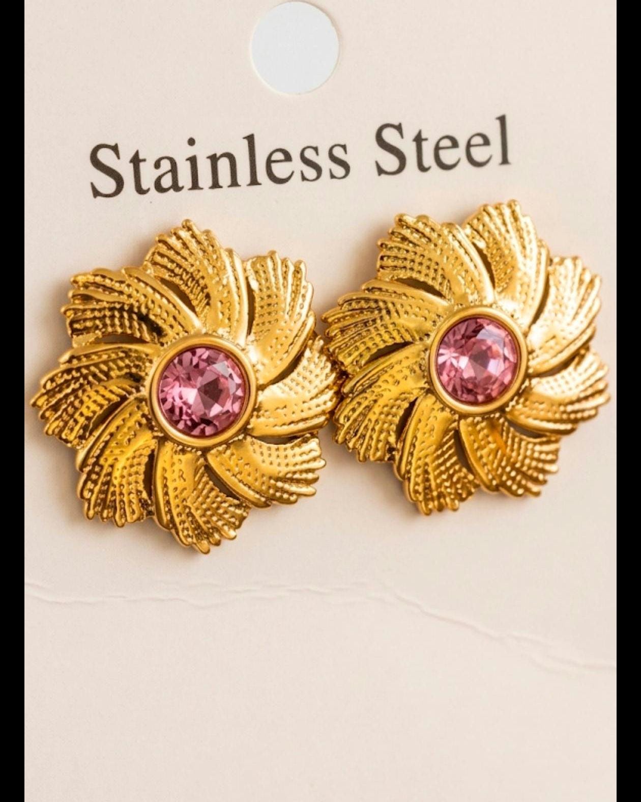 Gold Flower Pearl Earrings Set, Textured Stainless Steel Statement Hoops