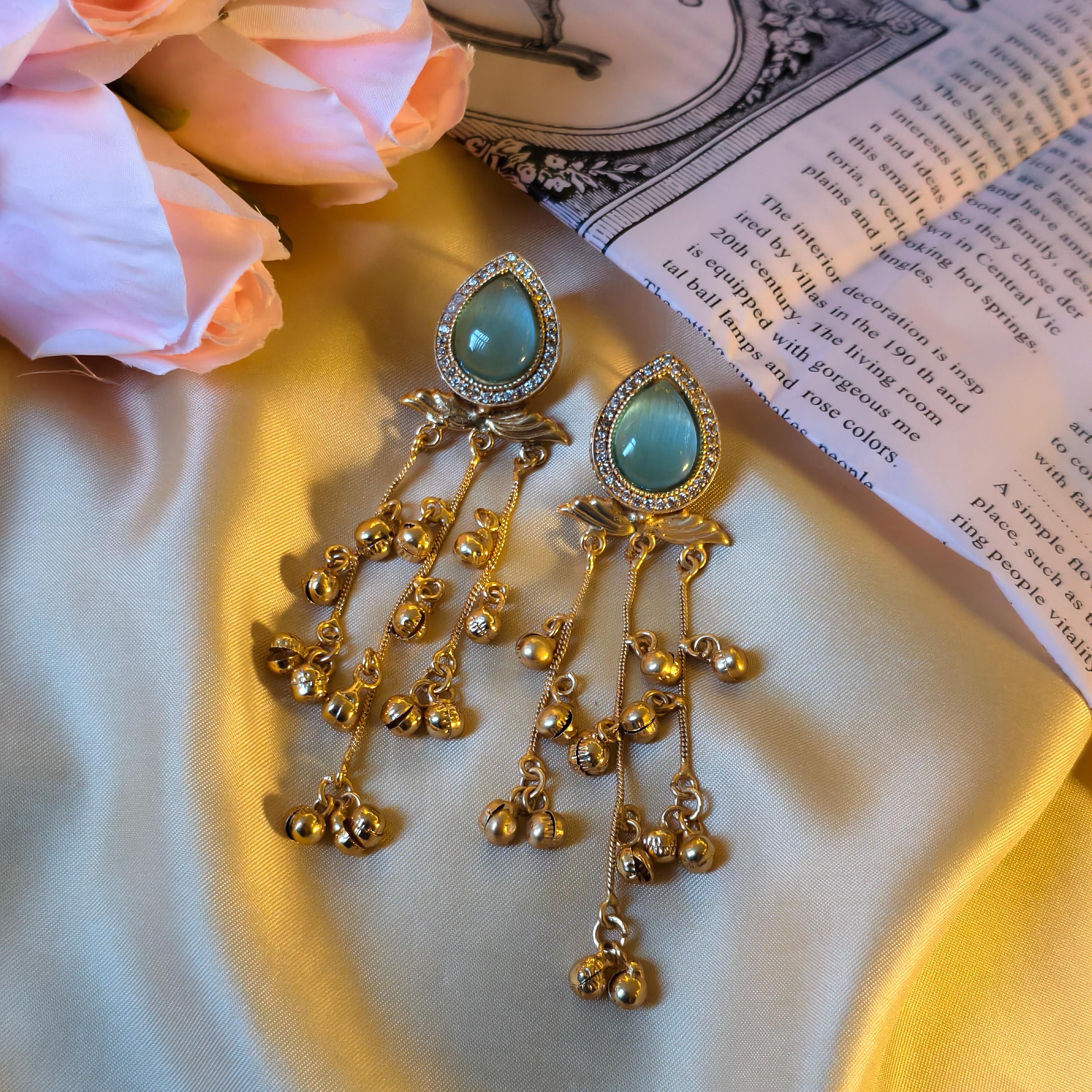 Kashmiri Ghungroo Dangle Earrings, Seafoam Green Cabochon, Boho Gold Drop Ethnic Jewelry