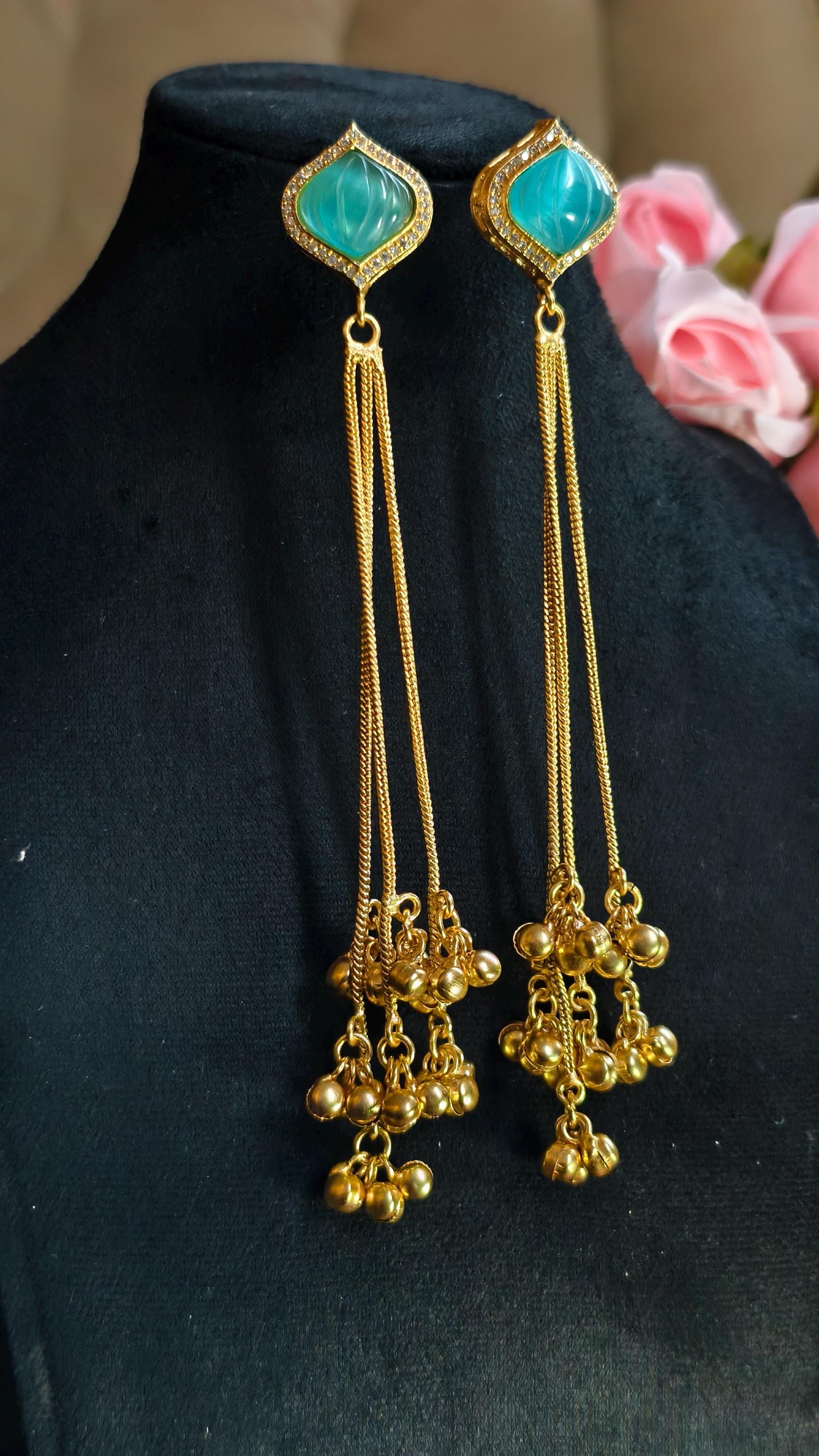 Kashmiri Ghungroo Dangle Earrings, Seafoam Green Cabochon, Boho Gold Drop Ethnic Jewelry