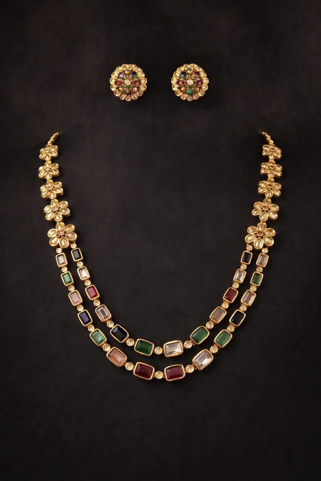 Navratna Style Layered Necklace Set with Flower Studs, Gold Plated Kundan Jewelry
