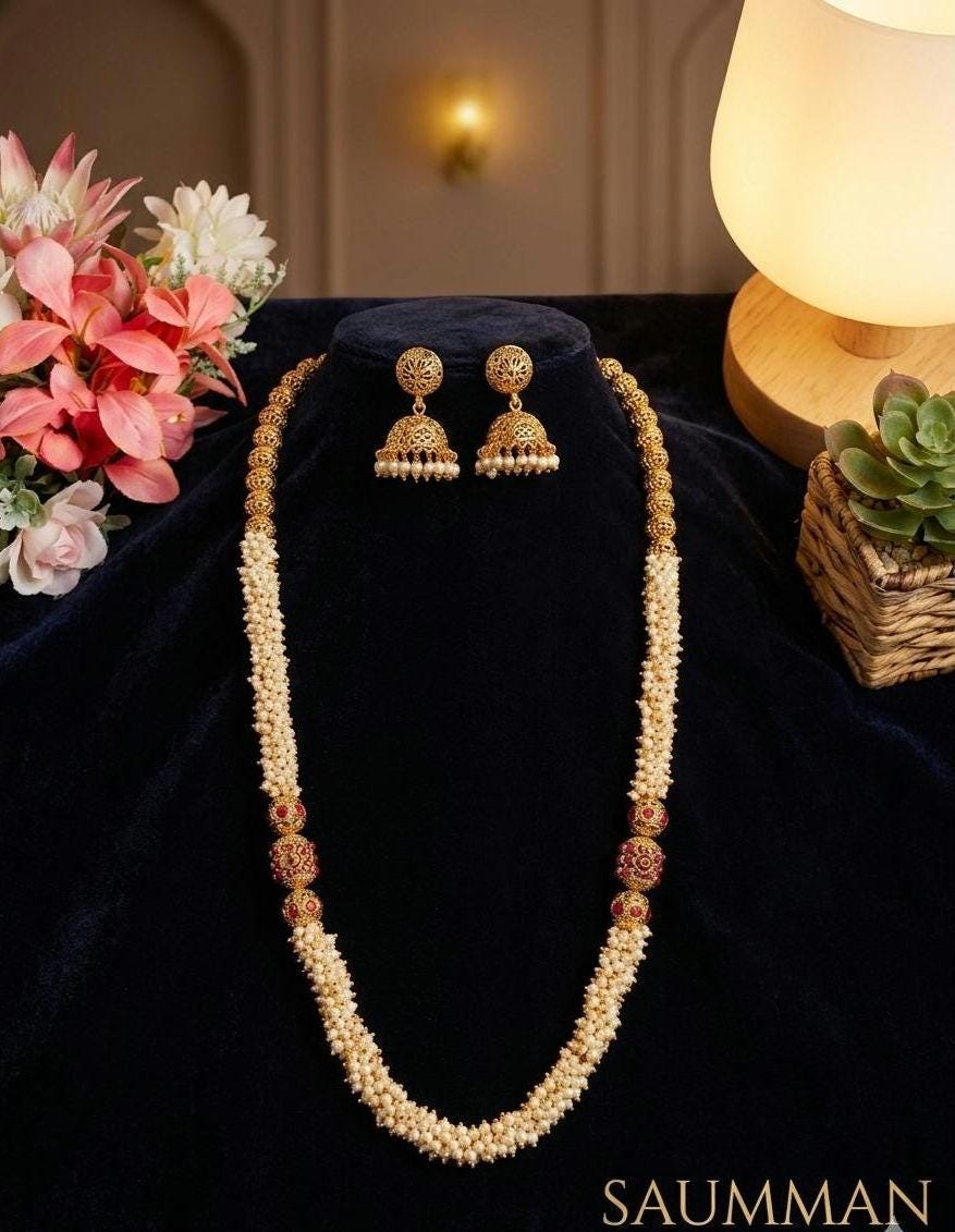 Antique Gold Jhumka Set | South Indian Pearl Mala Necklace
