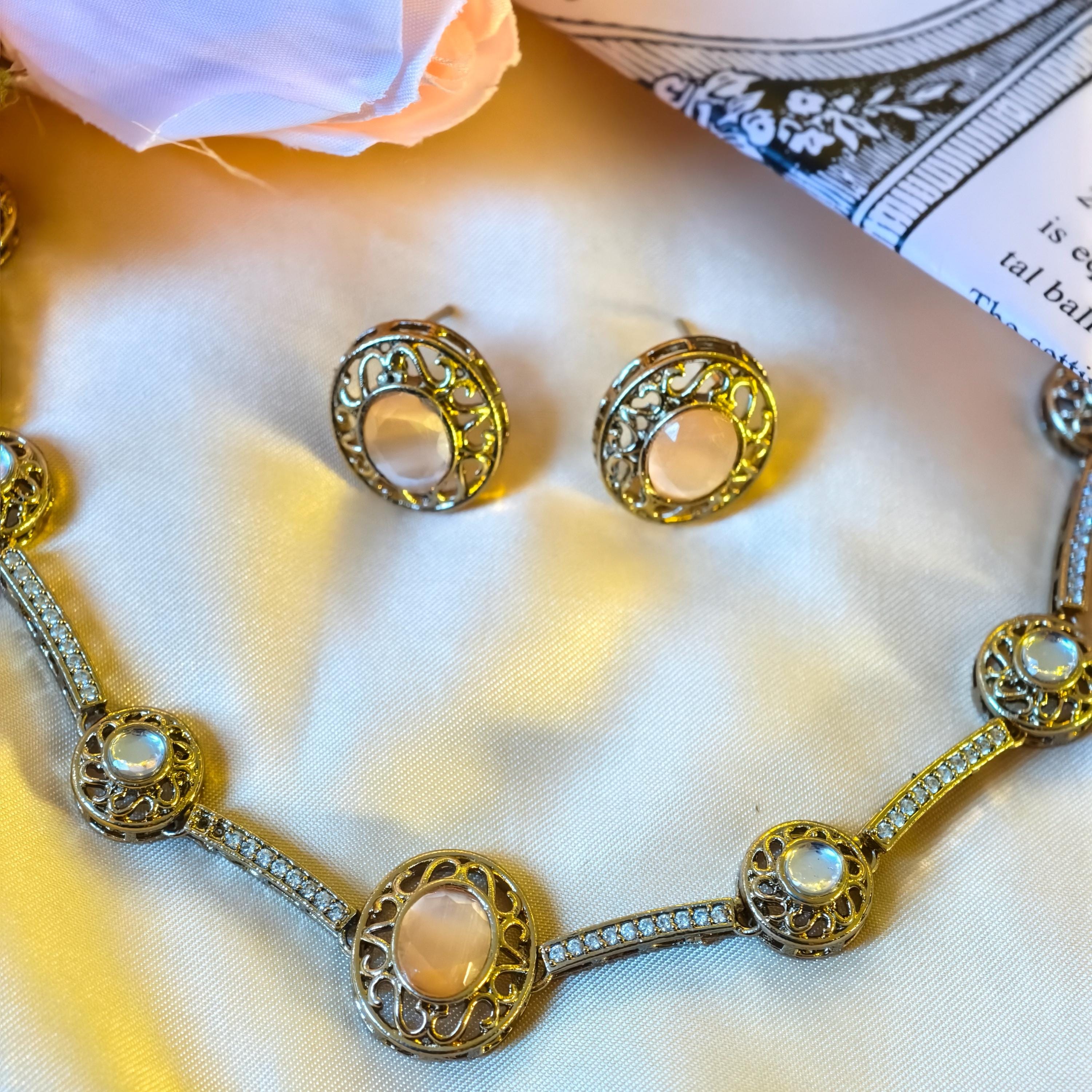 Victorian Filigree Moonstone Jewelry Set, Antique Gold Bridal Necklace Earrings