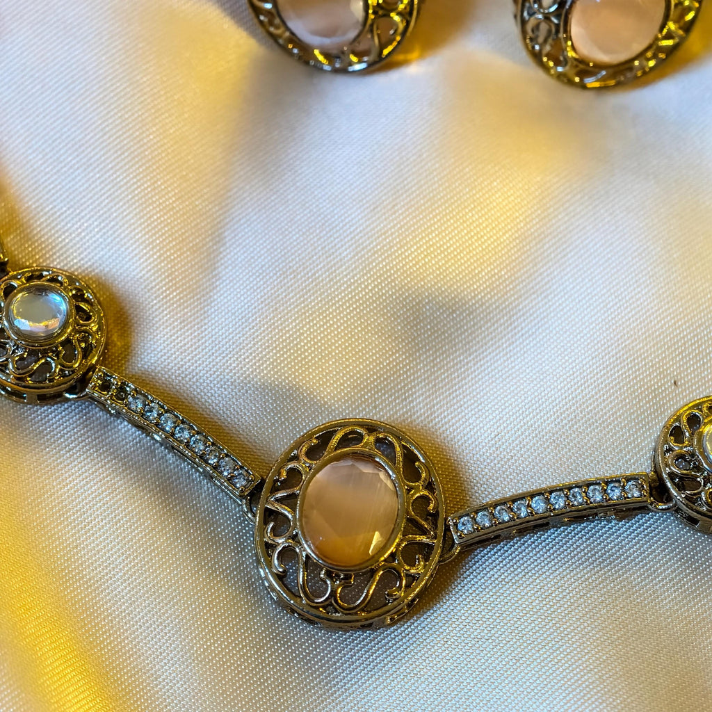 Victorian Filigree Moonstone Jewelry Set, Antique Gold Bridal Necklace Earrings