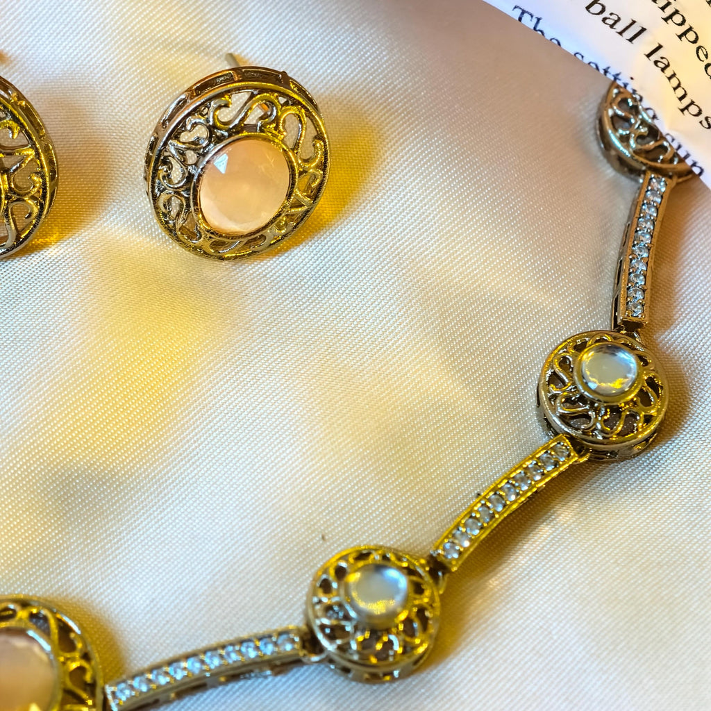Victorian Filigree Moonstone Jewelry Set, Antique Gold Bridal Necklace Earrings