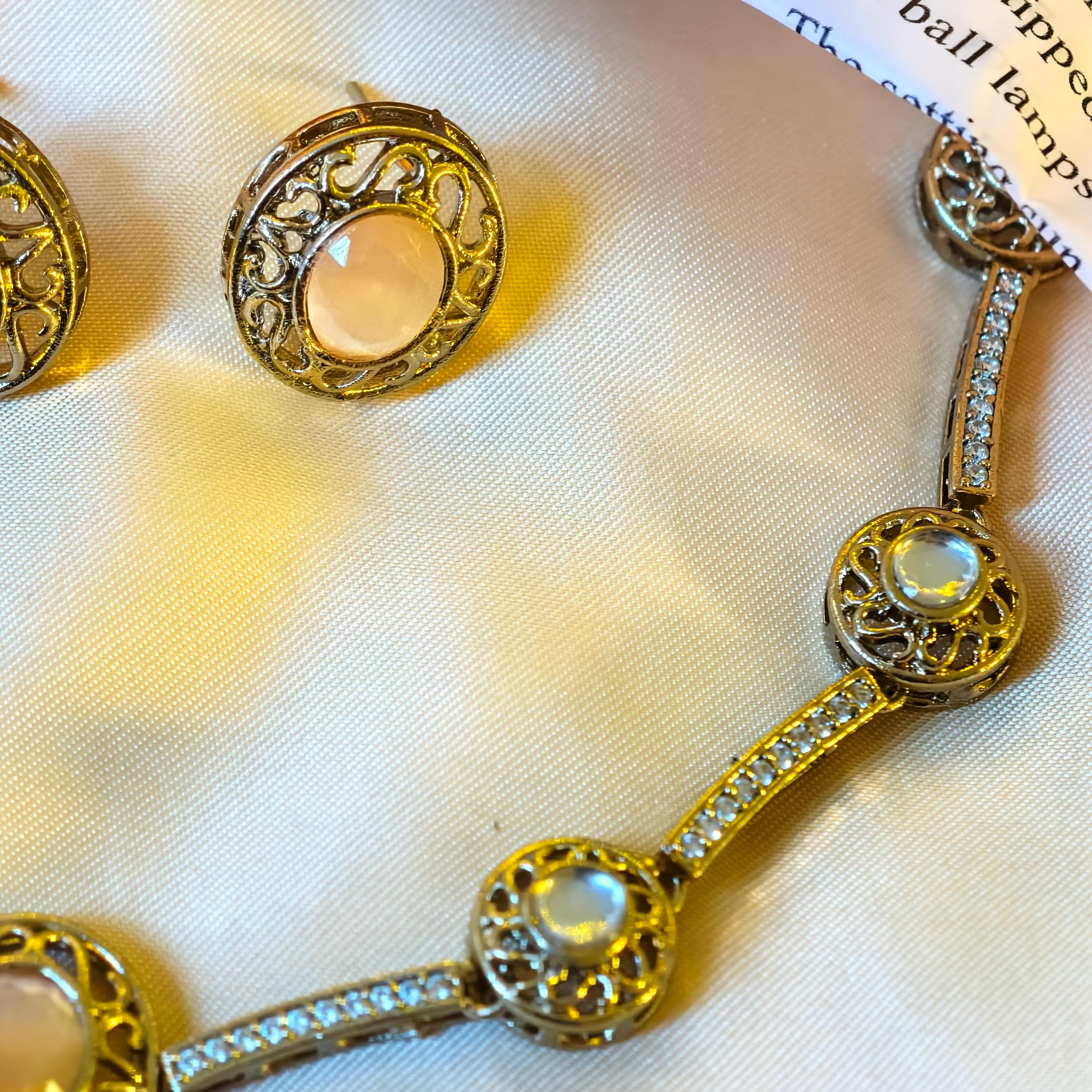 Victorian Filigree Moonstone Jewelry Set, Antique Gold Bridal Necklace Earrings