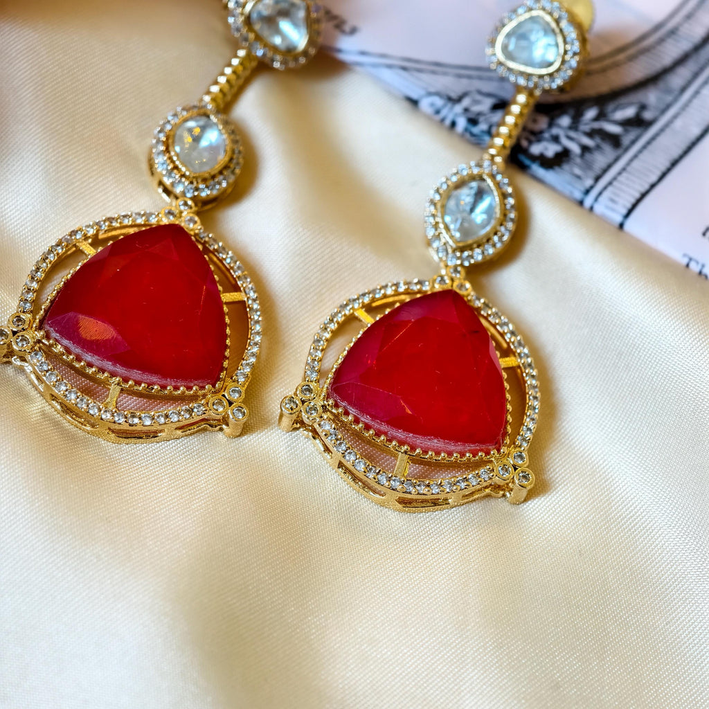 Sabyasachi Inspired Kundan Drop Earrings, Triangular Stone, Red Mint Green, Bridal Jewelry