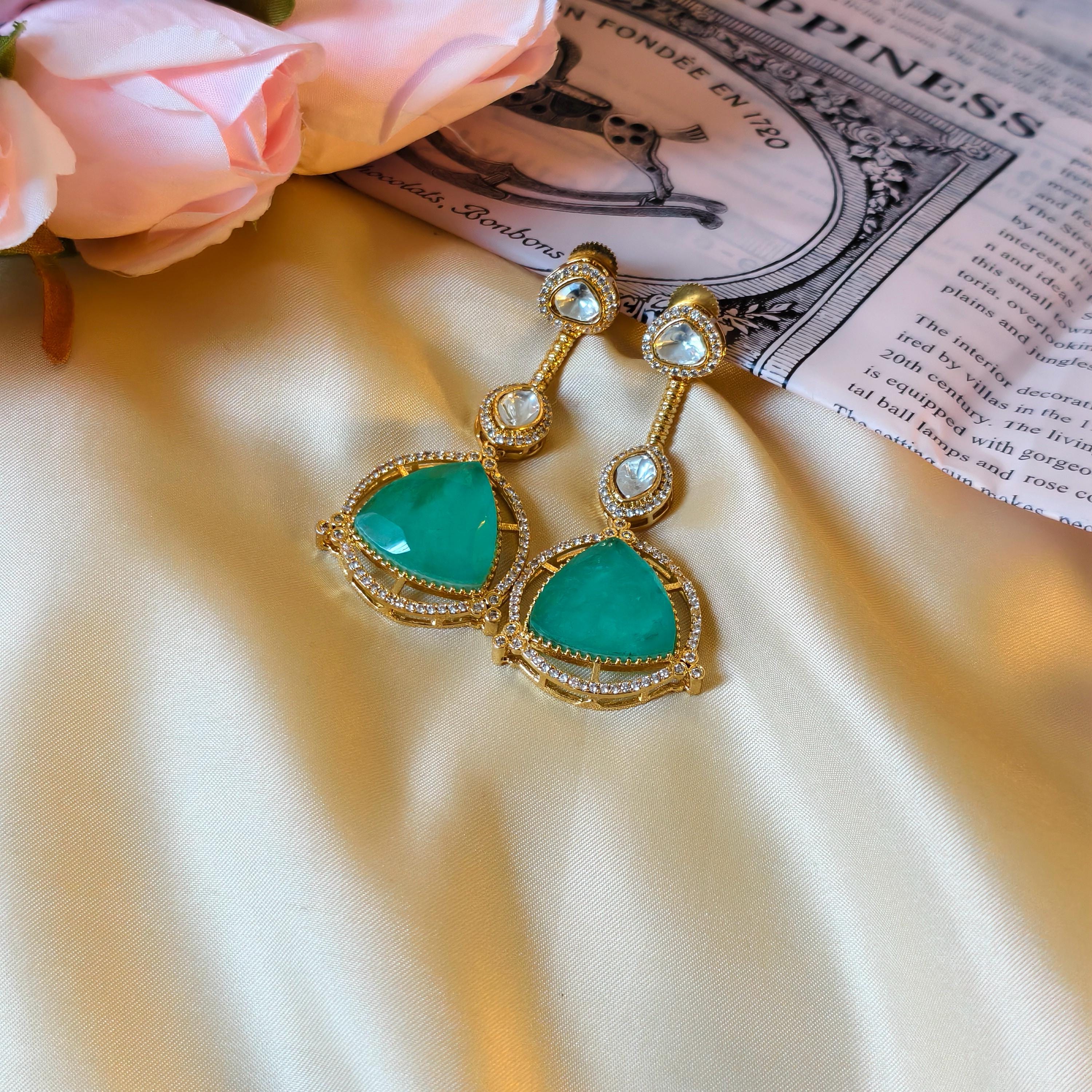 Sabyasachi Inspired Kundan Drop Earrings, Triangular Stone, Red Mint Green, Bridal Jewelry
