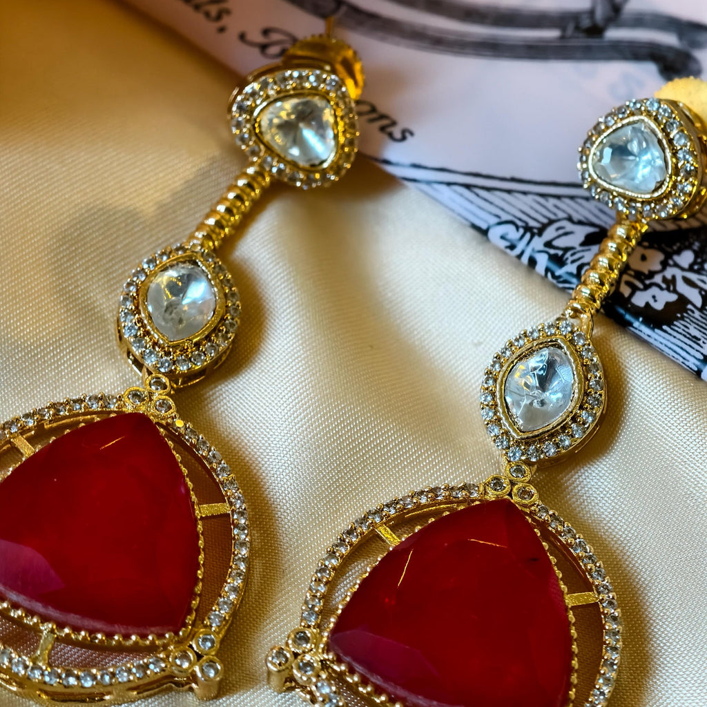 Sabyasachi Inspired Kundan Drop Earrings, Triangular Stone, Red Mint Green, Bridal Jewelry