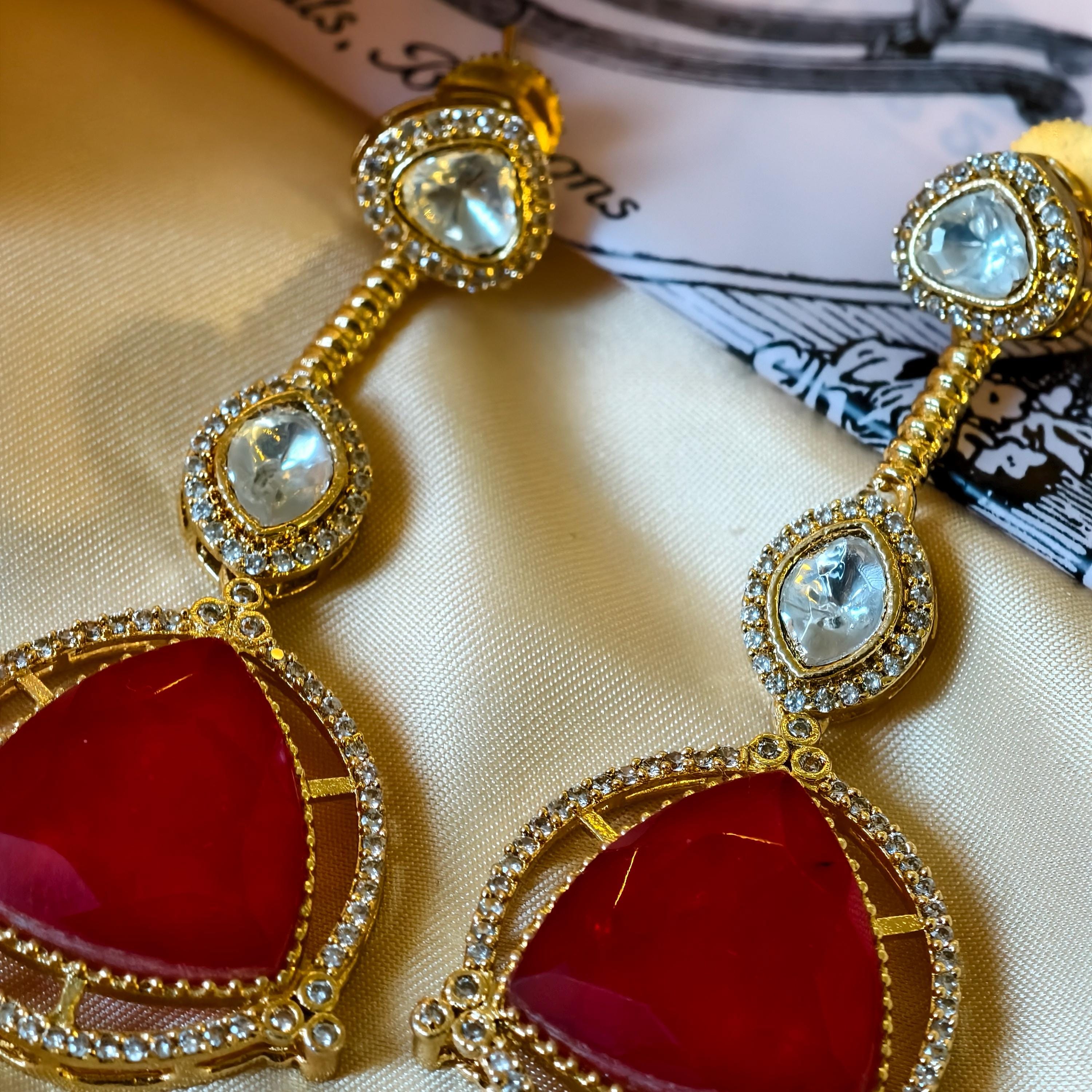 Sabyasachi Inspired Kundan Drop Earrings, Triangular Stone, Red Mint Green, Bridal Jewelry