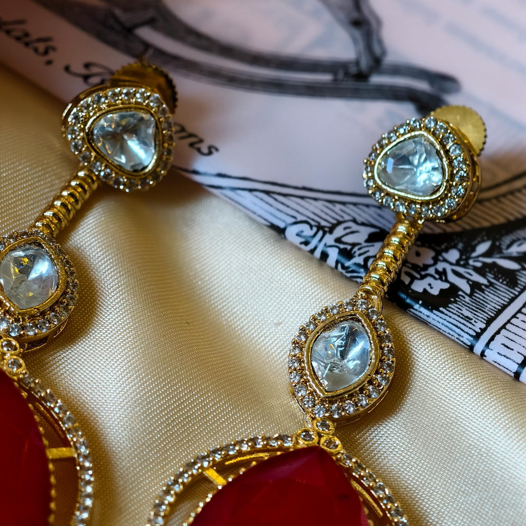 Sabyasachi Inspired Kundan Drop Earrings, Triangular Stone, Red Mint Green, Bridal Jewelry