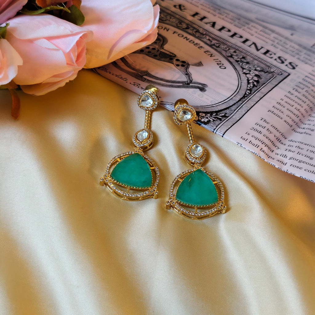 Sabyasachi Inspired Kundan Drop Earrings, Triangular Stone, Red Mint Green, Bridal Jewelry