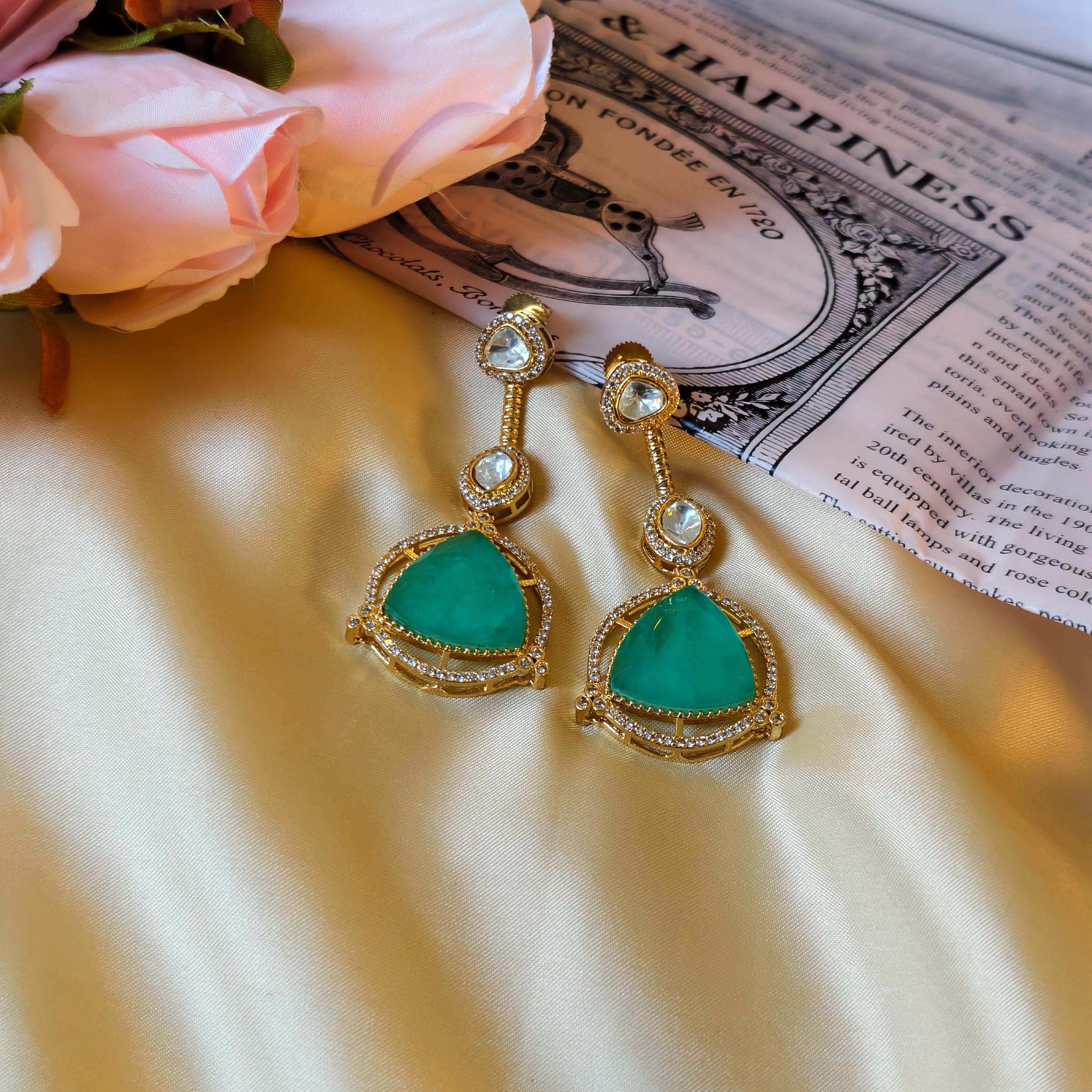 Sabyasachi Inspired Kundan Drop Earrings, Triangular Stone, Red Mint Green, Bridal Jewelry