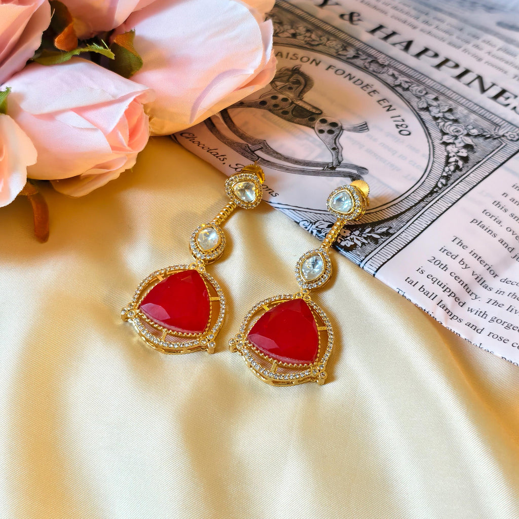 Sabyasachi Inspired Kundan Drop Earrings, Triangular Stone, Red Mint Green, Bridal Jewelry