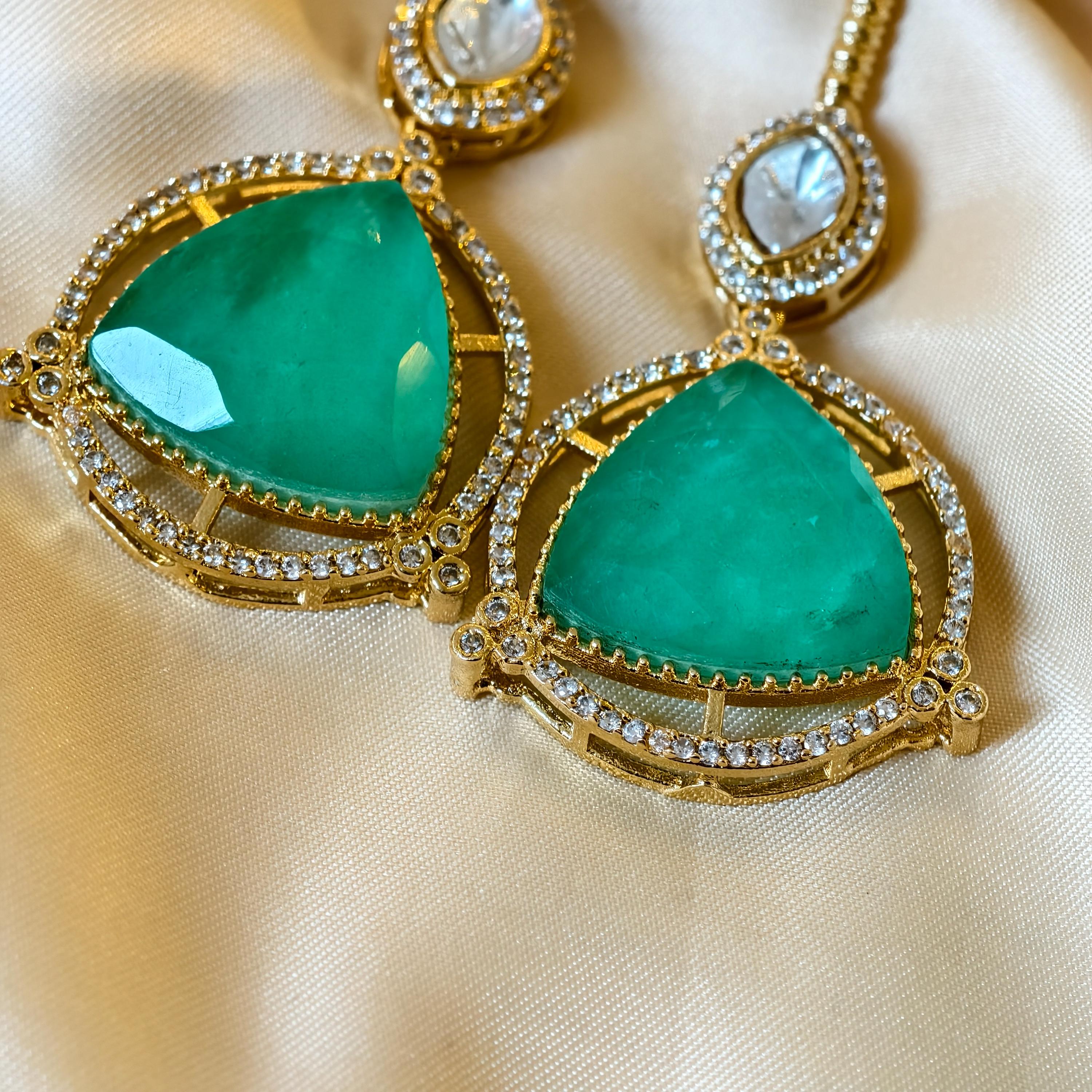 Sabyasachi Inspired Kundan Drop Earrings, Triangular Stone, Red Mint Green, Bridal Jewelry