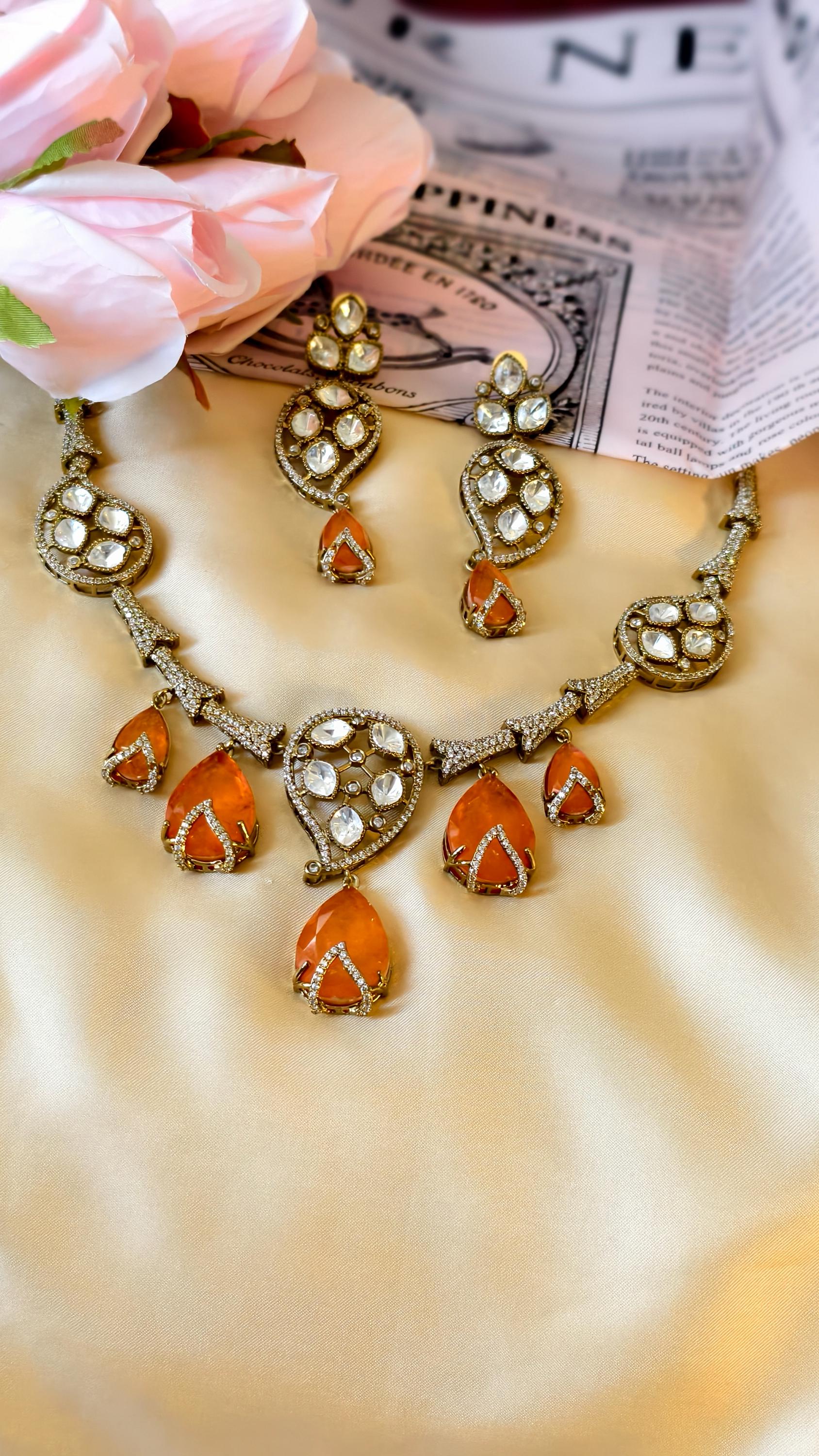 Kundan Statement Necklace Set  Antique Gold Polki Choker, Indian Wedding Jewelry