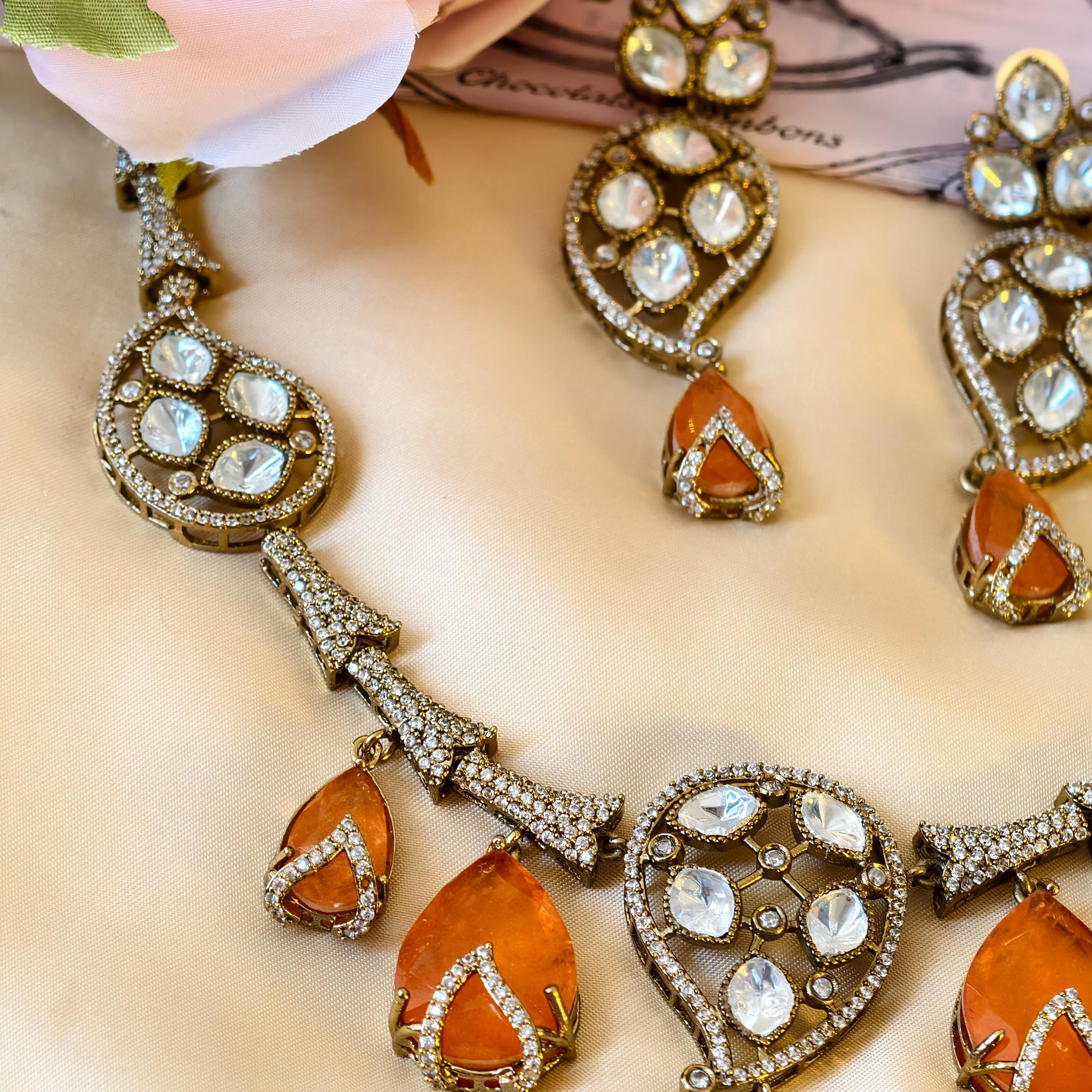 Kundan Statement Necklace Set  Antique Gold Polki Choker, Indian Wedding Jewelry