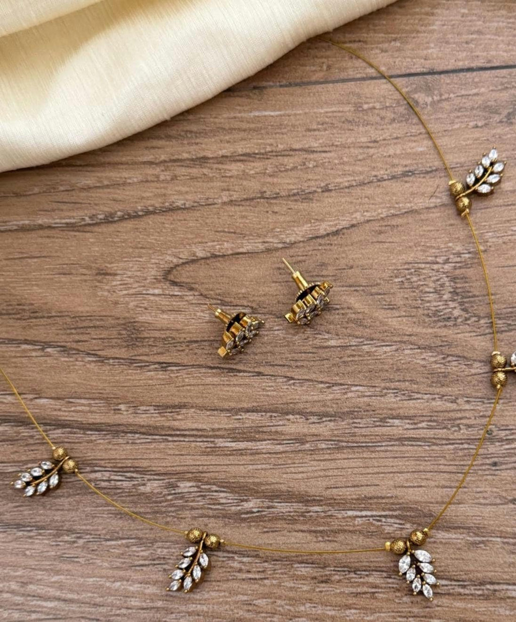 Dainty Leaf Jewelry Set, Gold Marquise Crystal Necklace and Earrings