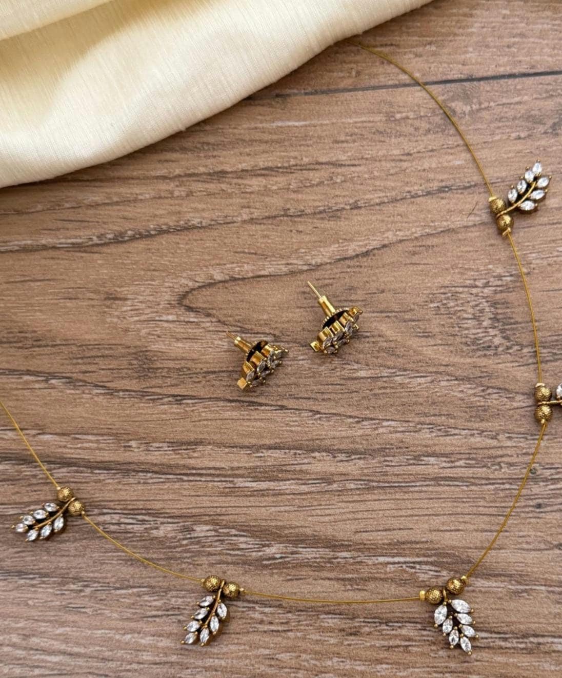 Dainty Leaf Jewelry Set, Gold Marquise Crystal Necklace and Earrings