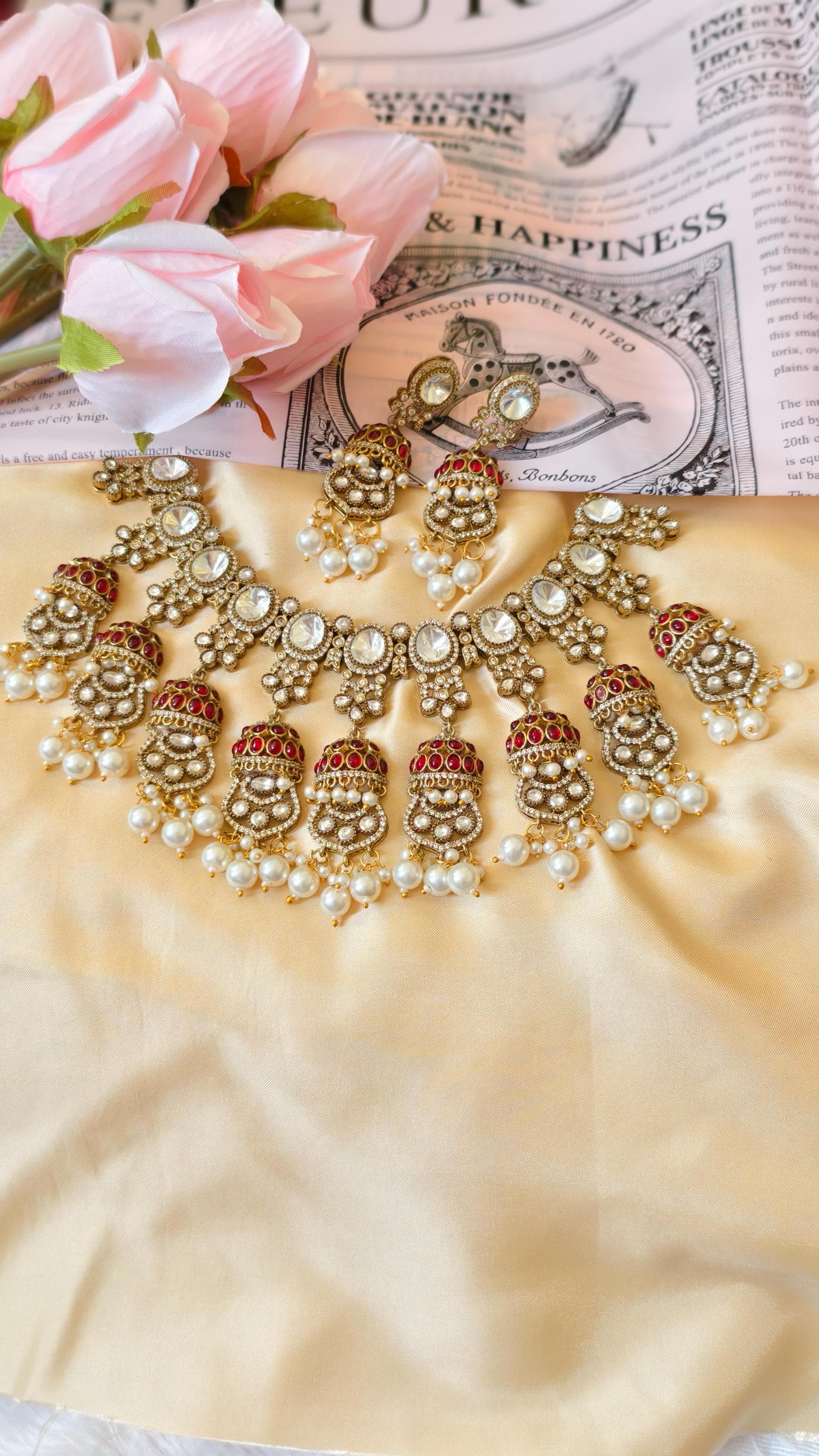 Kundan Bridal Necklace Set, Polki Choker, Jhumka Earrings, Indian Wedding Jewelry
