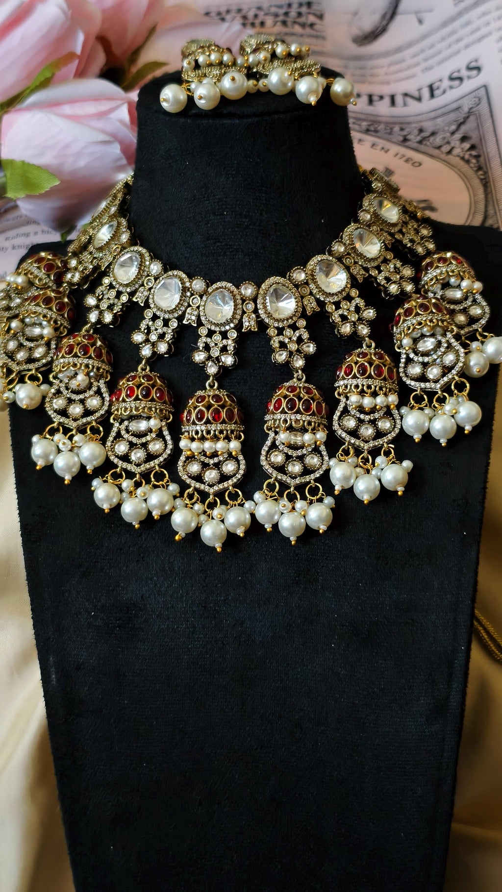 Kundan Bridal Necklace Set, Polki Choker, Jhumka Earrings, Indian Wedding Jewelry