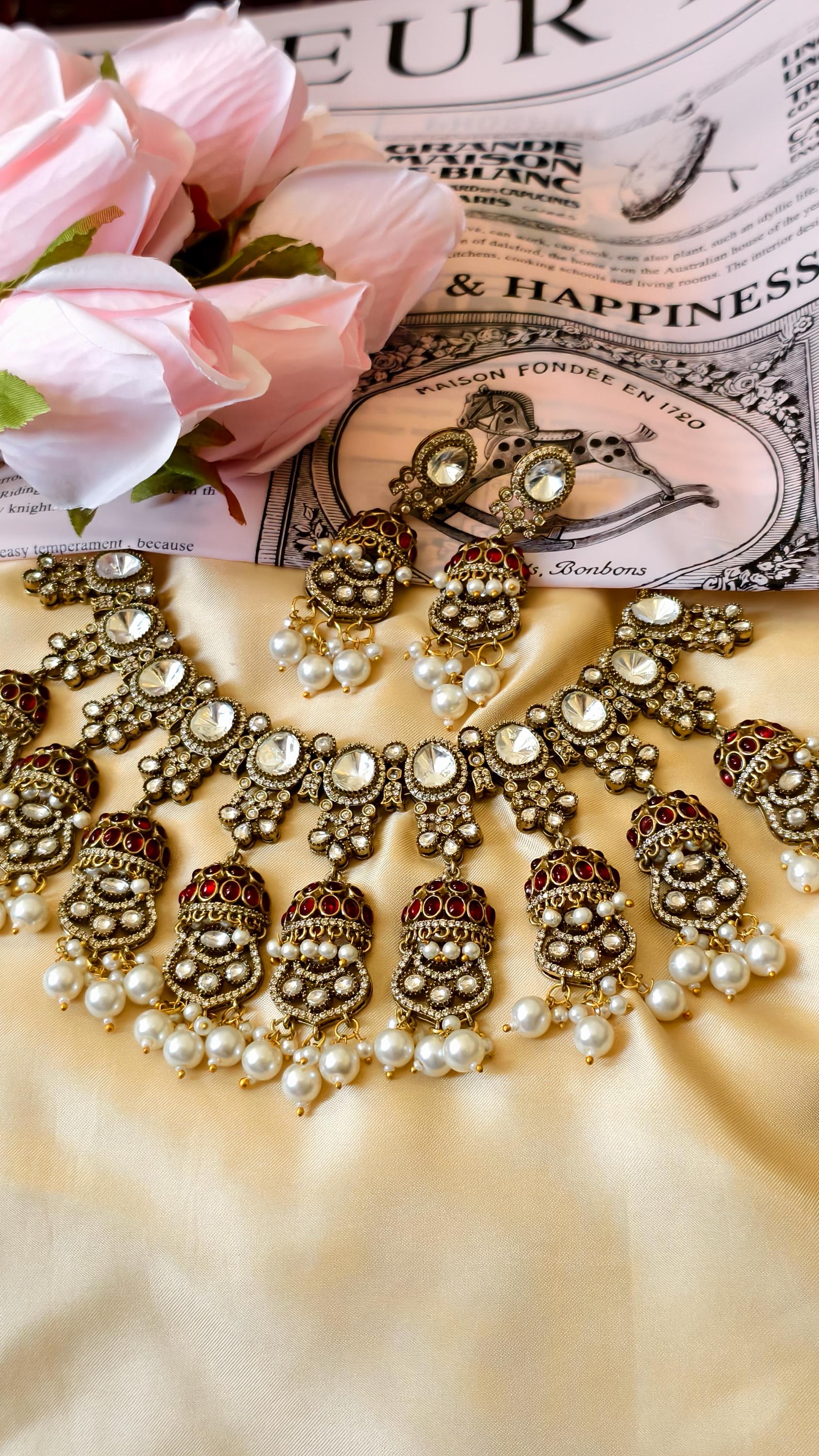 Kundan Bridal Necklace Set, Polki Choker, Jhumka Earrings, Indian Wedding Jewelry