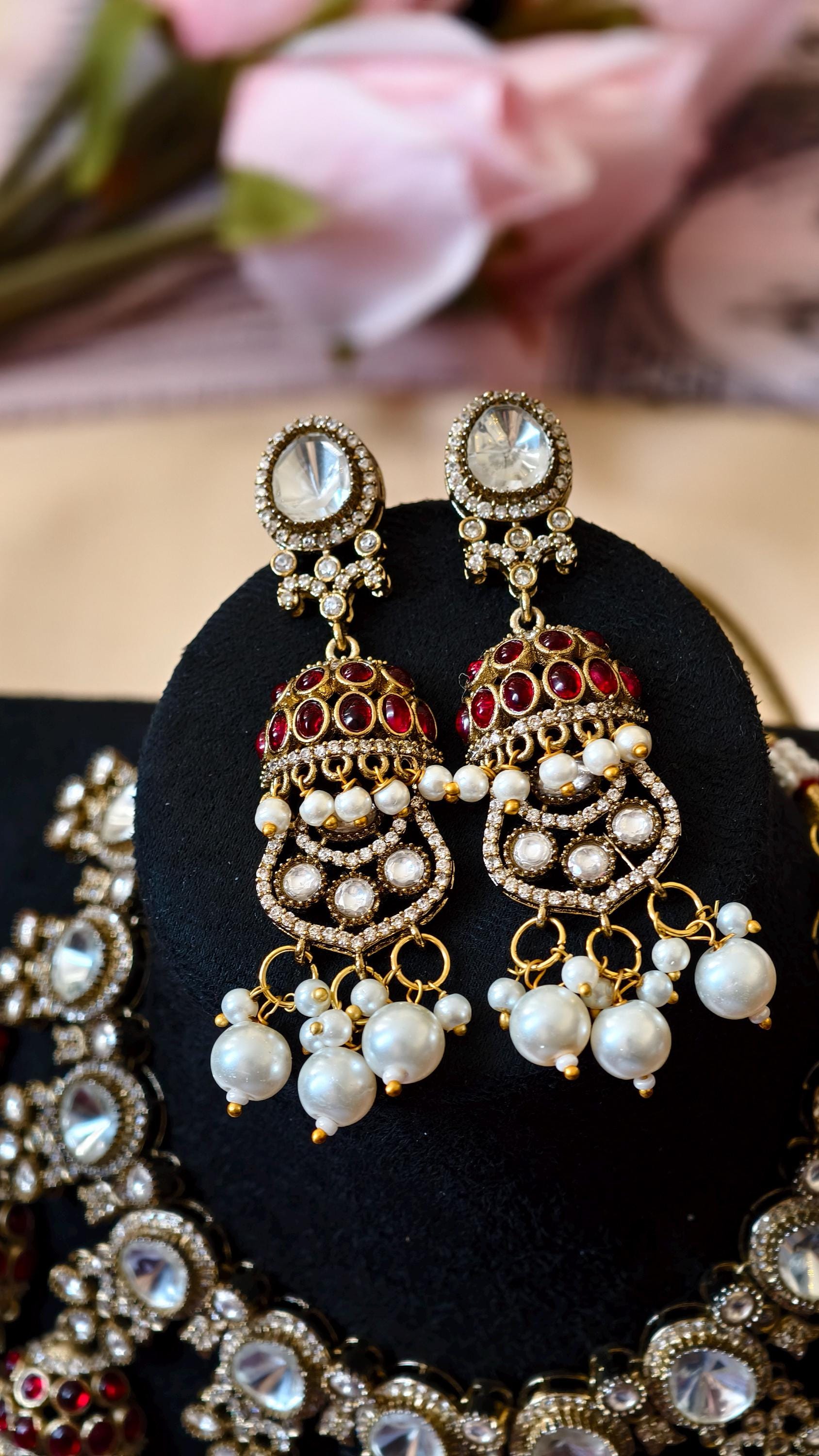 Kundan Bridal Necklace Set, Polki Choker, Jhumka Earrings, Indian Wedding Jewelry