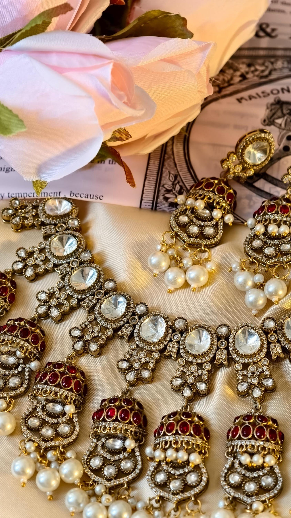 Kundan Bridal Necklace Set, Polki Choker, Jhumka Earrings, Indian Wedding Jewelry