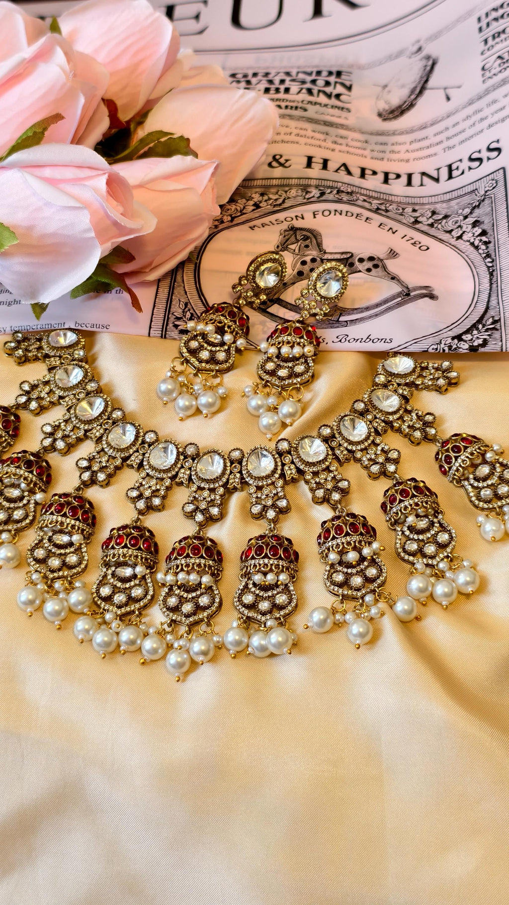 Kundan Bridal Necklace Set, Polki Choker, Jhumka Earrings, Indian Wedding Jewelry