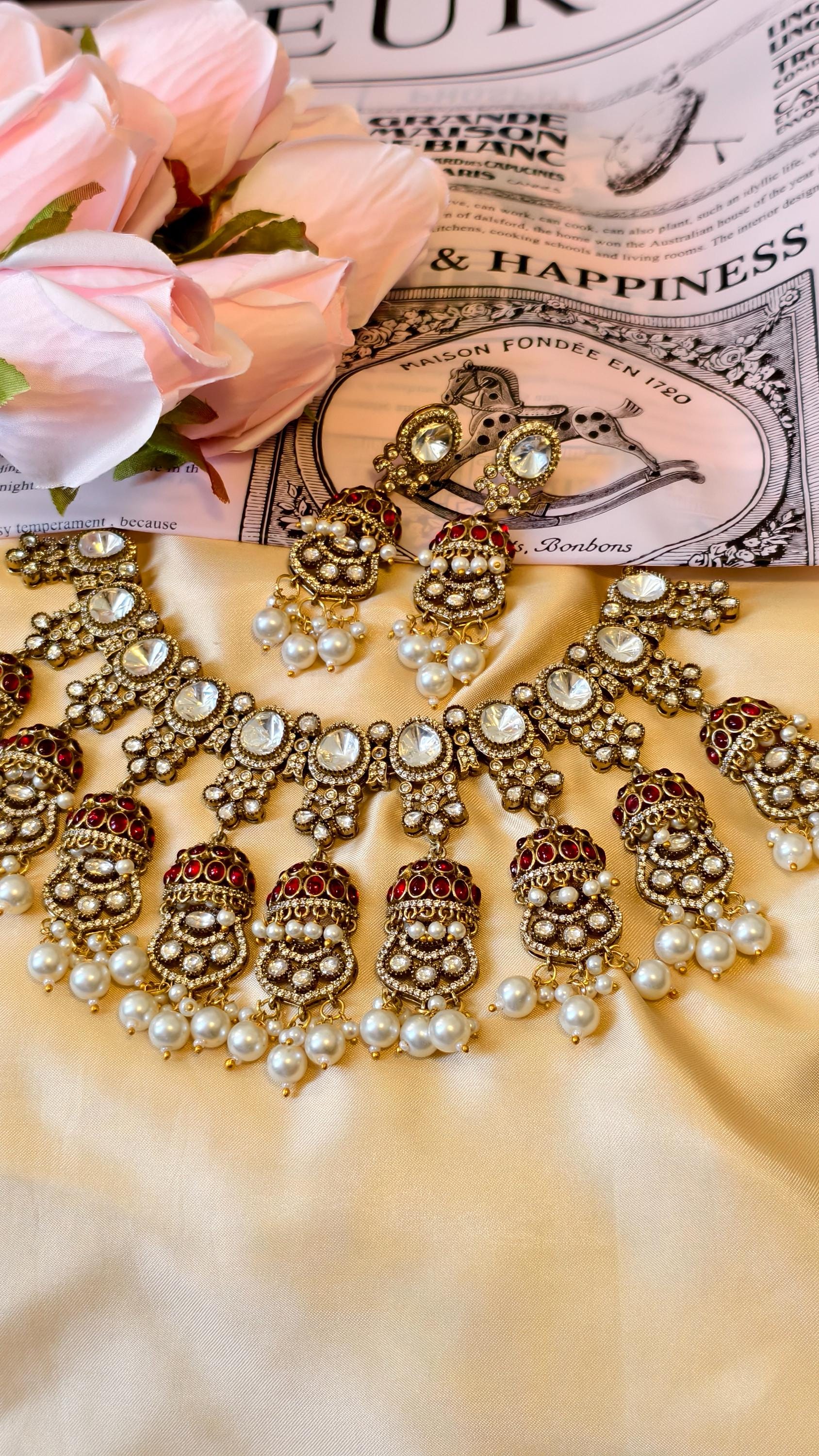 Kundan Bridal Necklace Set, Polki Choker, Jhumka Earrings, Indian Wedding Jewelry