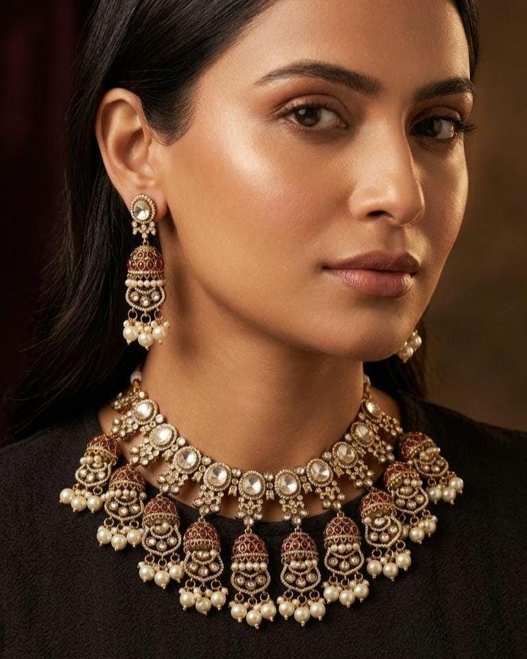 Kundan Bridal Necklace Set, Polki Choker, Jhumka Earrings, Indian Wedding Jewelry