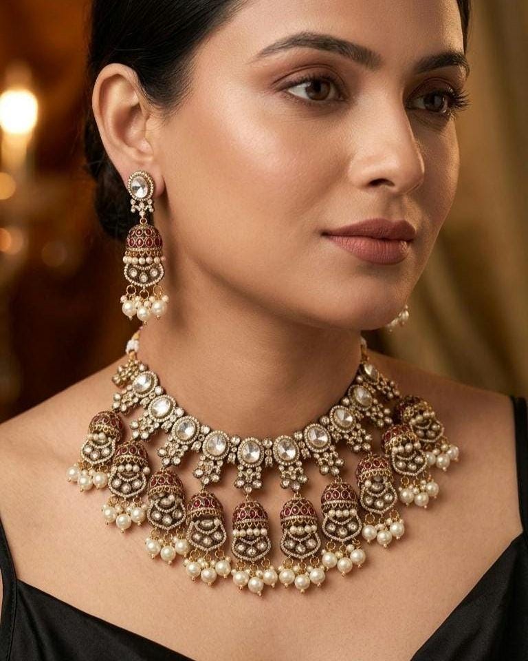 Kundan Bridal Necklace Set, Polki Choker, Jhumka Earrings, Indian Wedding Jewelry
