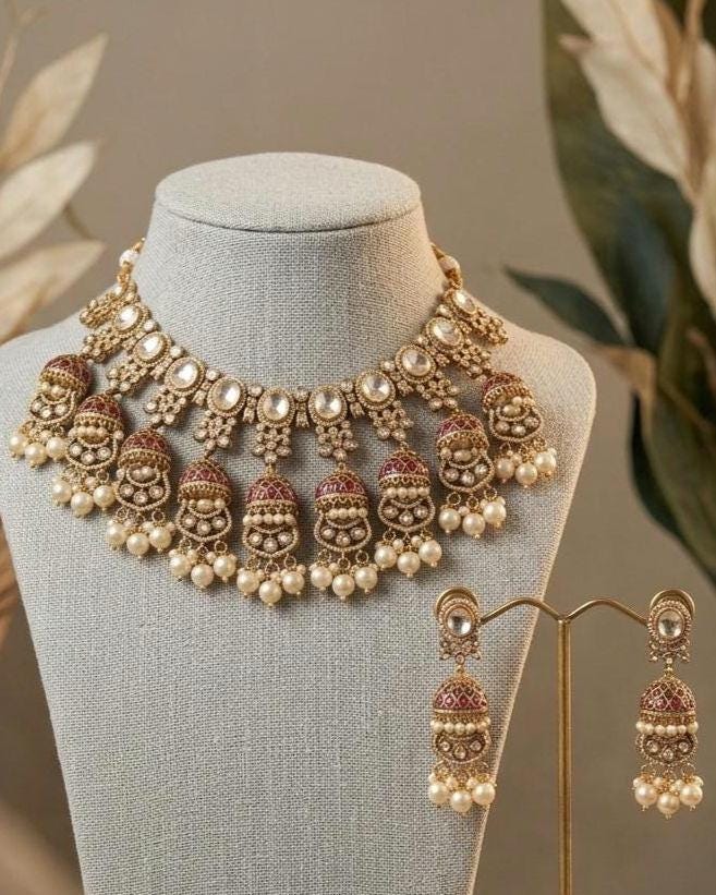 Kundan Bridal Necklace Set, Polki Choker, Jhumka Earrings, Indian Wedding Jewelry