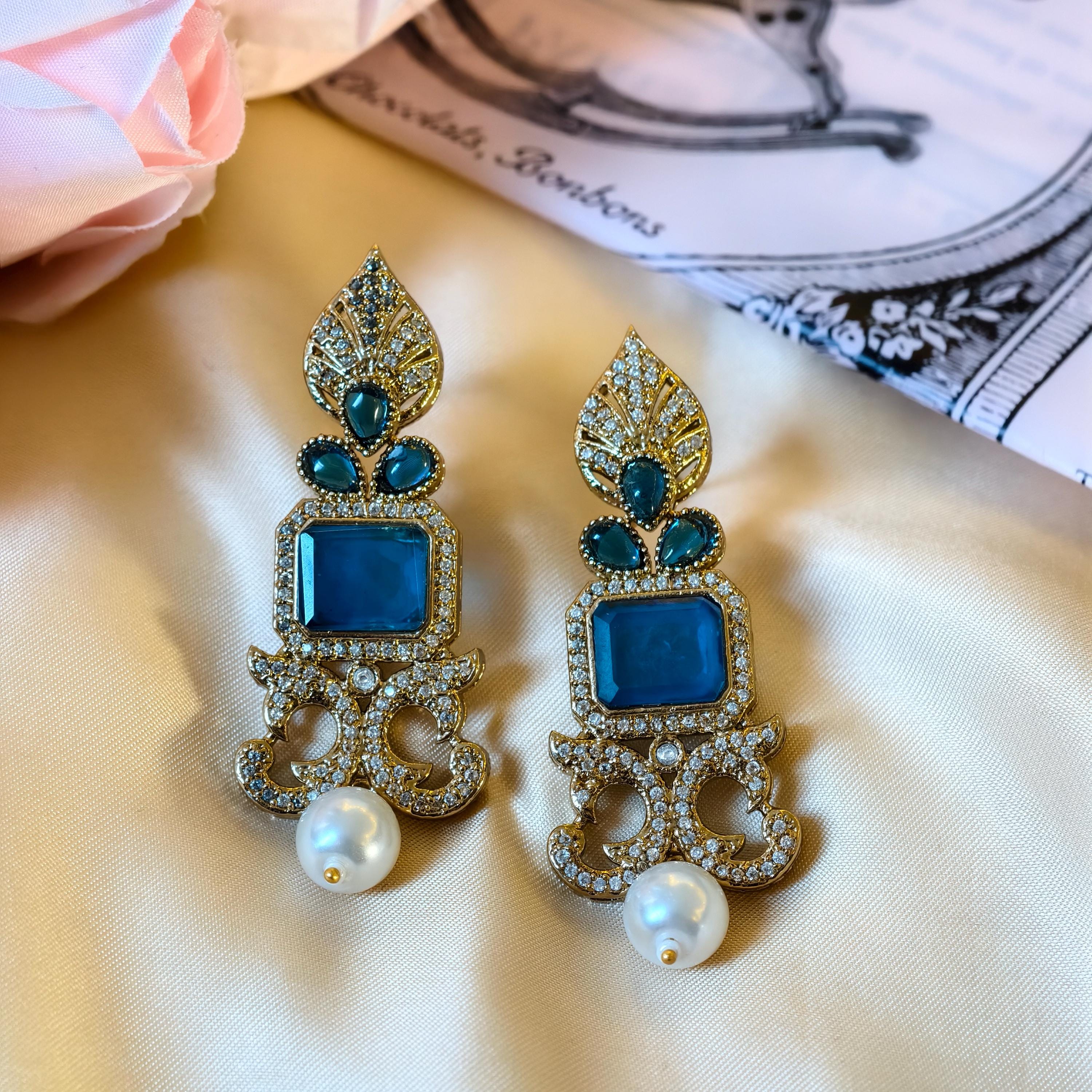 Gold Plated Chandbali Earrings, Blue Stones, Pearl Drops, Victorian Indian Jewelry