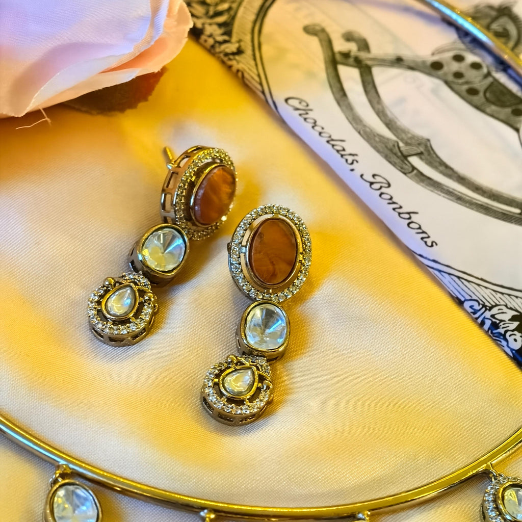 Gold Plated Hasli Necklace Set, Marbled Resin, Kundan Stones, Bridal Torque Choker