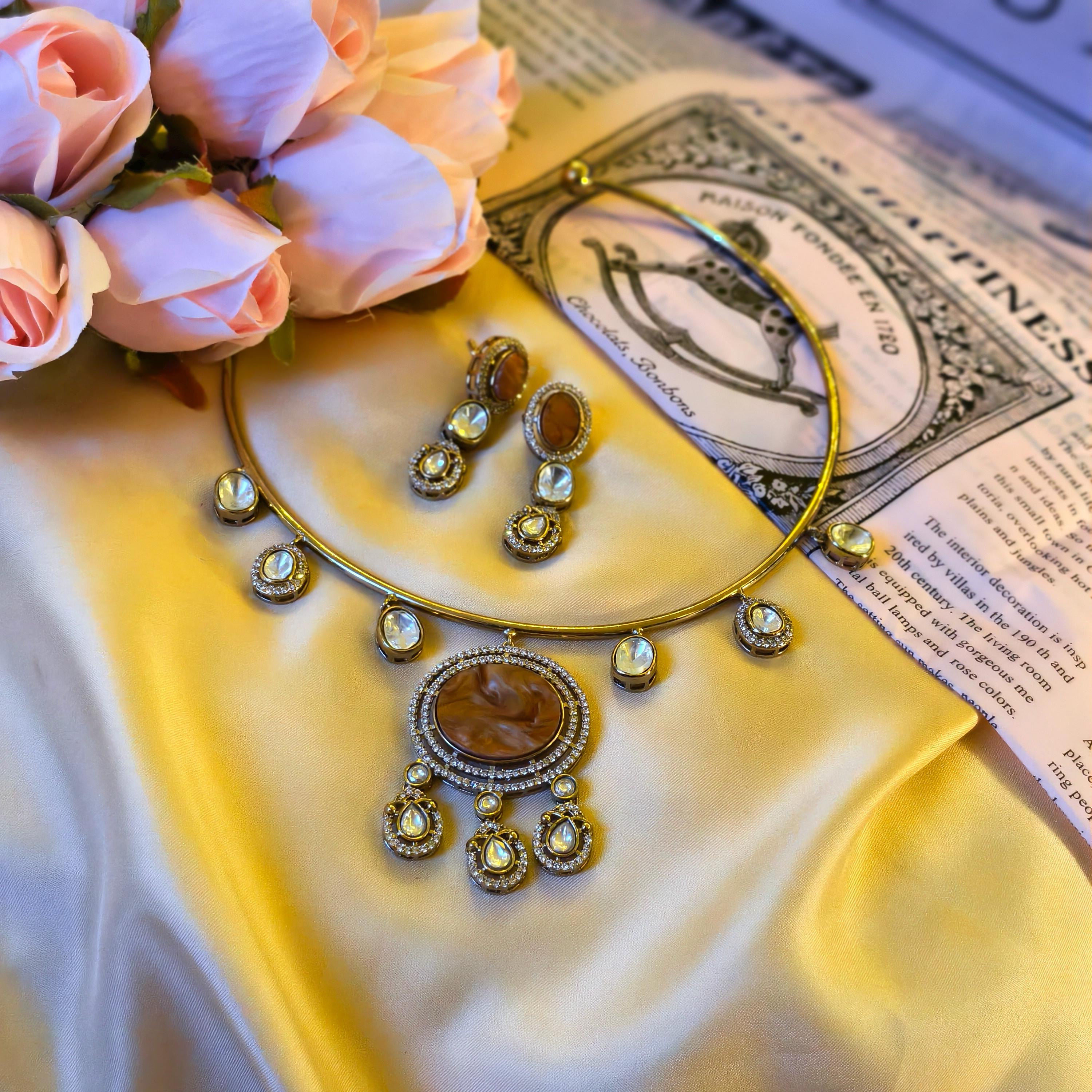 Gold Plated Hasli Necklace Set, Marbled Resin, Kundan Stones, Bridal Torque Choker