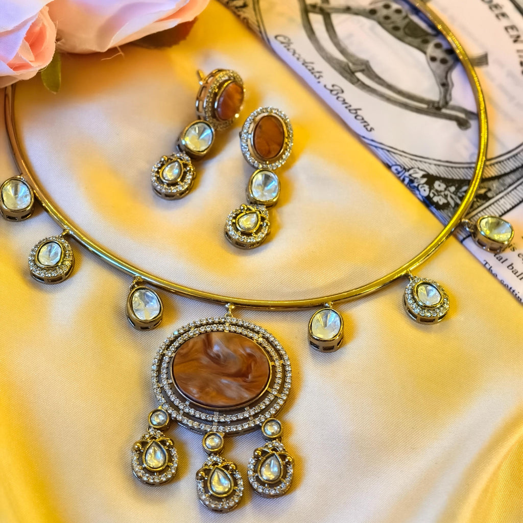 Gold Plated Hasli Necklace Set, Marbled Resin, Kundan Stones, Bridal Torque Choker