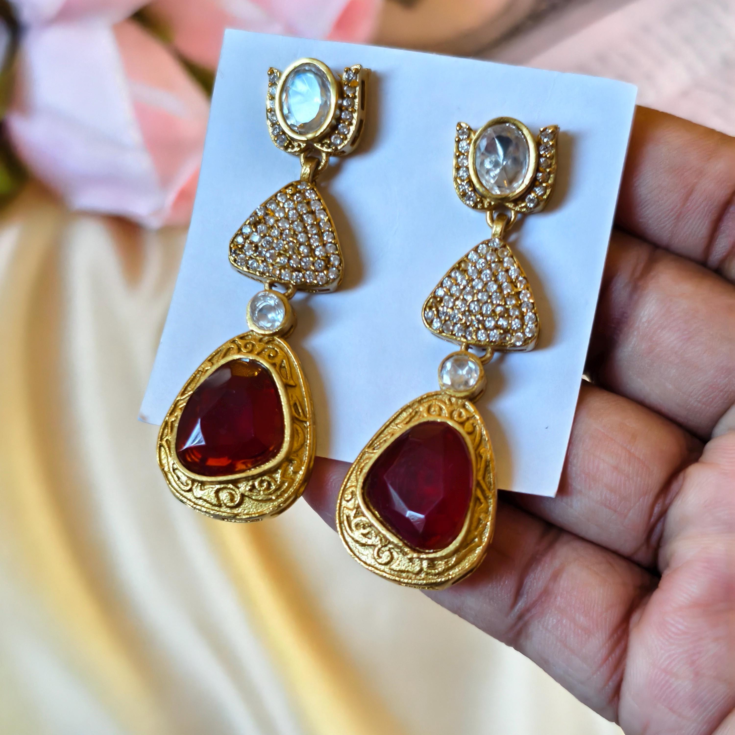 Sabyasachi Inspired Red Polki Kundan Drop Earrings, Victorian Bridal Jewelry