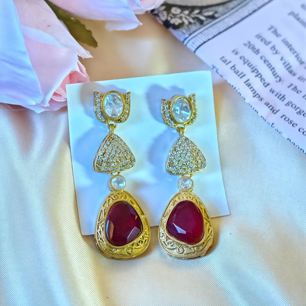 Sabyasachi Inspired Red Polki Kundan Drop Earrings, Victorian Bridal Jewelry